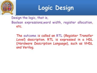 Logic Design
Design the logic, that is,
Boolean expressions,word width, register allocation,
etc.
The outcome is called an RTL (Register Transfer
Level) description. RTL is expressed in a HDL
(Hardware Description Language), such as VHDL
and Verilog.
 
