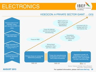 Strong presence in the
consumer electronics
market
Sales expanded at a
CAGR of 10.4 per cent
during FY07–11
Market capitalisation of
USD1436 million
Revenue base of over
USD2691 million,
with net profit of USD113
million
Primary focus on consumer
electronics products
Foray into manufacturing
compressors and motors
and crude oil business
Aggressive growth via
acquisitions and entry in
telecom, DTH, and mobile
handset manufacturing
Focus on R&D
Strong brand
presence in Tier 2
and Tier 3 cities
Foray into telecom
services and handset
manufacturing
Launched LCD TV
bundled with DTH
and Internet chip
1985–95 1995–05 2005–12
Plans to set up a
SEZ in Pune and
Aurangabad in
Maharashtra
Acquisitions
Thomson, Philips,
and Electrolux
plants
Source: Videocon Website; Aranca Research
Note: DTH – Direct to Home
 