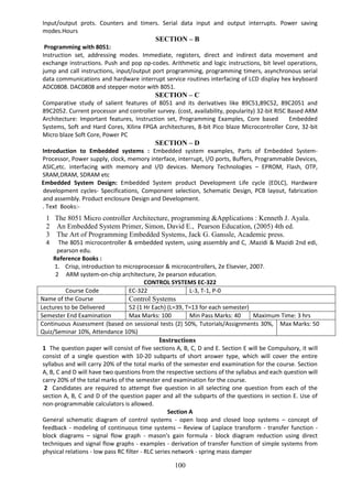 100
Input/output prots. Counters and timers. Serial data input and output interrupts. Power saving
modes.Hours
SECTION – B
Programming with 8051:
Instruction set, addressing modes. Immediate, registers, direct and indirect data movement and
exchange instructions. Push and pop op-codes. Arithmetic and logic instructions, bit level operations,
jump and call instructions, input/output port programming, programming timers, asynchronous serial
data communications and hardware interrupt service routines interfacing of LCD display hex keyboard
ADC0808. DAC0808 and stepper motor with 8051.
SECTION – C
Comparative study of salient features of 8051 and its derivatives like 89C51,89C52, 89C2051 and
89C2052. Current processor and controller survey. (cost, availability, popularity) 32-bit RISC Based ARM
Architecture: Important features, Instruction set, Programming Examples, Core based Embedded
Systems, Soft and Hard Cores, Xilinx FPGA architectures, 8-bit Pico blaze Microcontroller Core, 32-bit
Micro blaze Soft Core, Power PC
SECTION – D
Introduction to Embedded systems : Embedded system examples, Parts of Embedded System-
Processor, Power supply, clock, memory interface, interrupt, I/O ports, Buffers, Programmable Devices,
ASIC,etc. interfacing with memory and I/O devices. Memory Technologies – EPROM, Flash, OTP,
SRAM,DRAM, SDRAM etc
Embedded System Design: Embedded System product Development Life cycle (EDLC), Hardware
development cycles- Specifications, Component selection, Schematic Design, PCB layout, fabrication
and assembly. Product enclosure Design and Development.
. Text Books:-
1 The 8051 Micro controller Architecture, programming &Applications : Kenneth J. Ayala.
2 An Embedded System Primer, Simon, David E., Pearson Education, (2005) 4th ed.
3 The Art of Programming Embedded Systems, Jack G. Ganssle, Academic press.
4 The 8051 microcontroller & embedded system, using assembly and C, .Mazidi & Mazidi 2nd edi,
pearson edu.
Reference Books :
1. Crisp, introduction to microprocessor & microcontrollers, 2e Elsevier, 2007.
2 ARM system-on-chip architecture, 2e pearson education.
CONTROL SYSTEMS EC-322
Course Code EC-322 L-3, T-1, P-0
Name of the Course Control Systems
Lectures to be Delivered 52 (1 Hr Each) (L=39, T=13 for each semester)
Semester End Examination Max Marks: 100 Min Pass Marks: 40 Maximum Time: 3 hrs
Continuous Assessment (based on sessional tests (2) 50%, Tutorials/Assignments 30%,
Quiz/Seminar 10%, Attendance 10%)
Max Marks: 50
Instructions
1 The question paper will consist of five sections A, B, C, D and E. Section E will be Compulsory, it will
consist of a single question with 10-20 subparts of short answer type, which will cover the entire
syllabus and will carry 20% of the total marks of the semester end examination for the course. Section
A, B, C and D will have two questions from the respective sections of the syllabus and each question will
carry 20% of the total marks of the semester end examination for the course.
2 Candidates are required to attempt five question in all selecting one question from each of the
section A, B, C and D of the question paper and all the subparts of the questions in section E. Use of
non-programmable calculators is allowed.
Section A
General schematic diagram of control systems - open loop and closed loop systems – concept of
feedback - modeling of continuous time systems – Review of Laplace transform - transfer function -
block diagrams – signal flow graph - mason's gain formula - block diagram reduction using direct
techniques and signal flow graphs - examples - derivation of transfer function of simple systems from
physical relations - low pass RC filter - RLC series network - spring mass damper
 