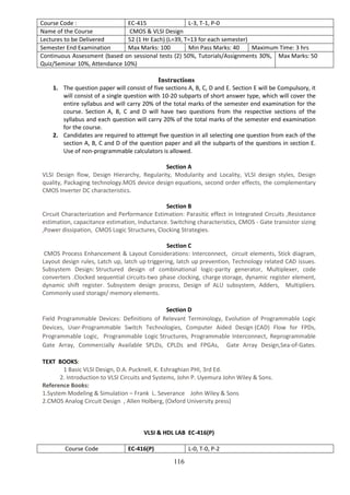 116
Course Code : EC-415 L-3, T-1, P-0
Name of the Course CMOS & VLSI Design
Lectures to be Delivered 52 (1 Hr Each) (L=39, T=13 for each semester)
Semester End Examination Max Marks: 100 Min Pass Marks: 40 Maximum Time: 3 hrs
Continuous Assessment (based on sessional tests (2) 50%, Tutorials/Assignments 30%,
Quiz/Seminar 10%, Attendance 10%)
Max Marks: 50
Instructions
1. The question paper will consist of five sections A, B, C, D and E. Section E will be Compulsory, it
will consist of a single question with 10-20 subparts of short answer type, which will cover the
entire syllabus and will carry 20% of the total marks of the semester end examination for the
course. Section A, B, C and D will have two questions from the respective sections of the
syllabus and each question will carry 20% of the total marks of the semester end examination
for the course.
2. Candidates are required to attempt five question in all selecting one question from each of the
section A, B, C and D of the question paper and all the subparts of the questions in section E.
Use of non-programmable calculators is allowed.
Section A
VLSI Design flow, Design Hierarchy, Regularity, Modularity and Locality, VLSI design styles, Design
quality, Packaging technology.MOS device design equations, second order effects, the complementary
CMOS Inverter DC characteristics.
Section B
Circuit Characterization and Performance Estimation: Parasitic effect in Integrated Circuits ,Resistance
estimation, capacitance estimation, Inductance. Switching characteristics, CMOS - Gate transistor sizing
,Power dissipation, CMOS Logic Structures, Clocking Strategies.
Section C
CMOS Process Enhancement & Layout Considerations: Interconnect, circuit elements, Stick diagram,
Layout design rules, Latch up, latch up triggering, latch up prevention, Technology related CAD issues.
Subsystem Design: Structured design of combinational logic-parity generator, Multiplexer, code
converters .Clocked sequential circuits-two phase clocking, charge storage, dynamic register element,
dynamic shift register. Subsystem design process, Design of ALU subsystem, Adders, Multipliers.
Commonly used storage/ memory elements.
Section D
Field Programmable Devices: Definitions of Relevant Terminology, Evolution of Programmable Logic
Devices, User-Programmable Switch Technologies, Computer Aided Design (CAD) Flow for FPDs,
Programmable Logic, Programmable Logic Structures, Programmable Interconnect, Reprogrammable
Gate Array, Commercially Available SPLDs, CPLDs and FPGAs, Gate Array Design,Sea-of-Gates.
TEXT BOOKS:
1 Basic VLSI Design, D.A. Pucknell, K. Eshraghian PHI, 3rd Ed.
2. Introduction to VLSI Circuits and Systems, John P. Uyemura John Wiley & Sons.
Reference Books:
1.System Modeling & Simulation – Frank L. Severance John Wiley & Sons
2.CMOS Analog Circuit Design , Allen Holberg, (Oxford University press)
VLSI & HDL LAB EC-416(P)
Course Code EC-416(P) L-0, T-0, P-2
 