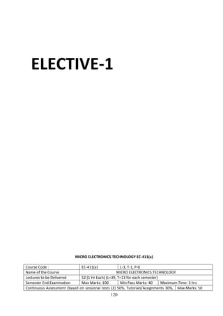 120
ELECTIVE-1
MICRO ELECTRONICS TECHNOLOGY EC-411(a)
Course Code : EC-411(a) L-3, T-1, P-0
Name of the Course MICRO ELECTRONICS TECHNOLOGY
Lectures to be Delivered 52 (1 Hr Each) (L=39, T=13 for each semester)
Semester End Examination Max Marks: 100 Min Pass Marks: 40 Maximum Time: 3 hrs
Continuous Assessment (based on sessional tests (2) 50%, Tutorials/Assignments 30%, Max Marks: 50
 