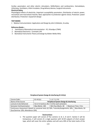 123
Cardiac pacemakers and other electric stimulators, Defibrillators and cardioverters, Hemodialysis,
Lithotripsy, Ventilators, Infant Incubator, Drug delivery devices, Surgical instruments
Electrical Safety
Physiological effects of electricity, Important susceptibility parameters, Distribution of electric power,
microshock and macroshock hazards, Basic approaches to protection against shock, Protection: power
distribution, Protection: Equipment design
TEXT BOOKS
1 Medical Instrumentation: Application and Design by John G.Webster, 3e wiley
Reference Books: -
1 Hand Book of Biomedical instrumentation - R.S. Khandpur (TMH)
2 Biomedical Electronics - Cromwell.,PHI
3 Biomedical Instruments Theory and design by Walter Welko Witiz
Peripheral System Design & Interfacing EC-411(c)
Course Code : EC-411(c) L-3, T-1, P-0
Name of the Course Peripheral System Design & Interfacing
Lectures to be Delivered 52 (1 Hr Each) (L=39, T=13 for each semester)
Semester End Examination Max Marks: 100 Min Pass Marks: 40 Maximum Time: 3 hrs
Continuous Assessment (based on sessional tests (2) 50%, Tutorials/Assignments 30%,
Quiz/Seminar 10%, Attendance 10%)
Max Marks: 50
Instructions
1. The question paper will consist of five sections A, B, C, D and E. Section E will be
Compulsory, it will consist of a single question with 10-20 subparts of short answer
type, which will cover the entire syllabus and will carry 20% of the total marks of the
 