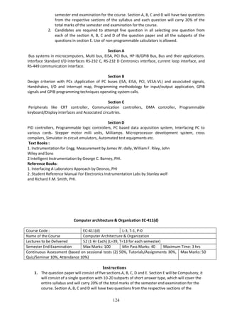 124
semester end examination for the course. Section A, B, C and D will have two questions
from the respective sections of the syllabus and each question will carry 20% of the
total marks of the semester end examination for the course.
2. Candidates are required to attempt five question in all selecting one question from
each of the section A, B, C and D of the question paper and all the subparts of the
questions in section E. Use of non-programmable calculators is allowed.
Section A
Bus systems in microcomputers, Multi bus, EISA, PCI Bus, HP IB/GPIB Bus, Bus and their applications.
Interface Standard I/O interfaces RS-232 C, RS-232 D Centronics interface, current loop interface, and
RS-449 communication interface.
Section B
Design criterion with PCs :Application of PC buses (ISA, EISA, PCI, VESA-VL) and associated signals,
Handshakes, I/O and Interrupt map, Programming methodology for input/output application, GPIB
signals and GPIB programming techniques operating system calls.
Section C
Peripherals like CRT controller, Communication controllers, DMA controller, Programmable
keyboard/Display interfaces and Associated circuitries.
Section D
PID controllers, Programmable logic controllers, PC based data acquisition system, Interfacing PC to
various cards- Stepper motor milli volts, Milliamps. Microprocessor development system, cross
compilers, Simulator In circuit emulators, Automated test equipments etc.
Text Books :
1. Instrumentation for Engg. Measurement by James W. dally, William F. Riley, John
Wiley and Sons
2 Intelligent Instrumentation by George C. Barney, PHI.
Reference Books:
1. Interfacing A Laboratory Approach by Deonzo, PHI
2. Student Reference Manual For Electronics Instrumentation Labs by Stanley wolf
and Richard F.M. Smith, PHI.
Computer architecture & Organization EC-411(d)
Course Code : EC-411(d) L-3, T-1, P-0
Name of the Course Computer Architecture & Organization
Lectures to be Delivered 52 (1 Hr Each) (L=39, T=13 for each semester)
Semester End Examination Max Marks: 100 Min Pass Marks: 40 Maximum Time: 3 hrs
Continuous Assessment (based on sessional tests (2) 50%, Tutorials/Assignments 30%,
Quiz/Seminar 10%, Attendance 10%)
Max Marks: 50
Instructions
1. The question paper will consist of five sections A, B, C, D and E. Section E will be Compulsory, it
will consist of a single question with 10-20 subparts of short answer type, which will cover the
entire syllabus and will carry 20% of the total marks of the semester end examination for the
course. Section A, B, C and D will have two questions from the respective sections of the
 