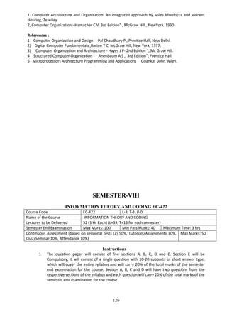 126
1. Computer Architecture and Organisation: An integrated approach by Miles Murdocca and Vincent
Heuring, 2e wiley
2, Computer Organization - Hamacher C V 3rd Edition“ , McGraw Hill., NewYork ,1990
References :
1 Computer Organization and Design Pal Chaudhary P , Prentice Hall, New Delhi.
2) Digital Computer Fundamentals ,Bartee T C McGraw Hill, New York, 1977.
3) Computer Organization and Architecture - Hayes J P- 2nd Edition “, Mc Graw Hill.
4 Structured Computer Organization - Anenbaum A S , 3rd Edition”, Prentice Hall.
5 Microprocessors Architecture Programming and Applications Goankar John Wiley.
SEMESTER-VIII
INFORMATION THEORY AND CODING EC-422
Course Code EC-422 L-3, T-1, P-0
Name of the Course INFORMATION THEORY AND CODING
Lectures to be Delivered 52 (1 Hr Each) (L=39, T=13 for each semester)
Semester End Examination Max Marks: 100 Min Pass Marks: 40 Maximum Time: 3 hrs
Continuous Assessment (based on sessional tests (2) 50%, Tutorials/Assignments 30%,
Quiz/Seminar 10%, Attendance 10%)
Max Marks: 50
Instructions
1 The question paper will consist of five sections A, B, C, D and E. Section E will be
Compulsory, it will consist of a single question with 10-20 subparts of short answer type,
which will cover the entire syllabus and will carry 20% of the total marks of the semester
end examination for the course. Section A, B, C and D will have two questions from the
respective sections of the syllabus and each question will carry 20% of the total marks of the
semester end examination for the course.
 
