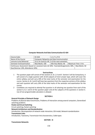130
Computer Networks And Data Communication EC-424
Course Code : EC-424 L-3, T-1, P-0
Name of the Course Computer Networks and Data Communication
Lectures to be Delivered 52 (1 Hr Each) (L=39, T=13 for each semester)
Semester End Examination Max Marks: 100 Min Pass Marks: 40 Maximum Time: 3 hrs
Continuous Assessment (based on sessional tests (2) 50%, Tutorials/Assignments 30%,
Quiz/Seminar 10%, Attendance 10%)
Max Marks: 50
Instructions
1 The question paper will consist of five sections A, B, C, D and E. Section E will be Compulsory, it
will consist of a single question with 10-20 subparts of short answer type, which will cover the
entire syllabus and will carry 20% of the total marks of the semester end examination for the
course. Section A, B, C and D will have two questions from the respective sections of the syllabus
and each question will carry 20% of the total marks of the semester end examination for the
course.
2 Candidates are required to attempt five question in all selecting one question from each of the
section A, B, C and D of the question paper and all the subparts of the questions in section E.
Use of non-programmable calculators is allowed.
SECTION A
General Principles of Network Design
Problems of physical data transmission, Problems of interaction among several computers, Generalized
switching problems
Packet and Circuit Switching
Circuit switching, Packet switching
Network Architecture and Standardization
Introduction, Decomposition of network node interaction, OSI model, Network standardization
Transmission Links
Introduction, Taxonomy, Transmission link characteristics, Cable types
SECTION – B
Transmission Networks
 