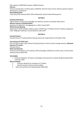 131
PDH networks, SONET/SDH networks, DWDM networks
Ethernet
General characteristics of LAN protocol, CSMA/CD, Ethernet frame format, Ethernet physical medium
specification, Fast Ethernet
Shared Media LAN’S
Token Ring, FDDI, Wireless LAN’S, PAN and Bluetooth, Shared media LAN equipment
SECTION C
Switched LAN’S Basics
Logical network structuring using bridges and switches, switches, Full duplex LAN protocol
Advance Features of Switched LAN’S
Spanning Tree Algorithm, Link aggregation in LAN’S, Virtual LAN’S
TCP/IP Internet Working
Addressing in TCP/IP networks, Address types of TCP/IP stack, IP address format, IP address assignment
order, Mapping IP addresses to local addresses, DNS, DHCP
SECTION D
Internet Protocol
IP packet format, IP routing method, Routing using mask, Fragmentation of IP packets, IPV6,
Core protocol of TCP/IP stack
TCP and UDP transport layer protocol, Routing protocols, Internet control message protocol, Advanced
features of IP routers
Filtering, Routers
Wide Area Networks
Virtual circuit techniques, X.25 networks, ATM technologies, Methods of remote access, Virtual private
network services, MPLS VPN
TEXT BOOKS
1. Computer Networks: Principles, technologies and protocols for network design by Natalia Olifer
and Victor Olifer
Reference Books:
1. Computer Networks by Tenanbaum (3rd
edition)
2. Data & Computer Communication by Black.
3 Data Communication and Networking by FORAUZAN
 