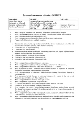 32
Computer Programming Laboratory (BE-104(P))
Course Code BE-104 (P) L-0, T-0, P-2
Name of the Course Computer Programming Laboratory
Lectures to be Delivered 26 Hrs. of Lab work (2hrs. each per week)
Semester End Examination Max Marks: 25 Min Pass Marks: 10 Maximum Time: 3 hrs
Continuous Assessment Lab work 30% Lab Record 25%,
Viva 25% Attendance 20%
Max Marks: 25
1. Write a Program to find the sum, difference, product and quotient of two integers.
2. Write a program C++ Program to output an integer, a floating point number and a character.
3. Write a program to switch between different cases.
4. Write a program to count the number of words and characters in a sentence.
5. Program to find the roots of a quadratic equation.
6.
 Create a class rational which represent a numerical value by two double values numerator and
Denominator include the following public members functions
 Constructor with no argument(default)
 Constructor with two arguments
 Void reduce ()that reduce the rational number by eliminating the highest common factor
between the numerator and the denominator
 Overload + operator to add two rational numbers
 Overload >> operator to enable input through cin.
 Overload << operator to enable input through cout.
7. Write a program to convert days into years and weeks.
8. Write a program to convert temperatures from Celsius to Fahrenheit and vice versa.
9. Write a program to find the sum of either of the diagonals of a 4 x 4 matrix.
10. Write a program to enter a sentence and output the number of uppercase & lowercase
consonants, uppercase & lowercase vowels in sentence.
11. Write a program to enter 10 integers in a single-dimension array and then print out the array in
ascending order.
12. Write a program to find the sum of each row & column of a matrix of size n x m and
if matrix is square, find the sum of the diagonals also.
13. Write a program to display fibonacci series upto n terms.
14. Write a program for payroll system using inheritance.
15. To calculate the total mark of a student using the concept of virtual base class.
16. Program for Write File Operation Using C++ Programming.
17. Write a program that creates a binary file by reading the data for the student for the terminal
.The data of each student consist of roll number, name (a string of thirty or lesser number of
characters ) and marks.
18. Write a program to read a number and display its square, square root, cube and cube root. Use
a virtual function to display any one of the above.
19. Write a program to read two matrix and find their product use operator overloading so that the
statement for multiplying the matrix may be written as Z=x*y where x,y,z are matrices.
 