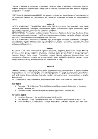 52
Concept of Relation & Properties of Relations, Different types of Relations, Equivalence relation,
Partition and partial order relation Composition of Relations, Functions and their different mappings,
Composition of Function.
POSETS, HASSE DIAGRAM AND LATTICES: Introduction, ordered set, Hasse diagram of partially ordered
set, isomorphic ordered set, well ordered set, properties of Lattices, bounded and complemented
lattices.
Section-B
PROPOSITIONAL LOGIC, COMBINATORICS AND LOGIC GATES: Proposition, First order logic, Basic logical
operation, truth tables, tautologies, Contradictions, Algebra of Proposition, logical implications, logical
equivalence, predicates, Universal and existential quantifiers.
COMBINATORICS: Permutation and Combination, Recurrence Relations, Generating functions, linear
recurrence relations with constant coefficients, Homogeneous solutions, particular solutions and total
solutions of recurrence relations using generating functions.
PROPOSITIONAL LOGIC: Proposition, First order logic, Basic logical operation, truth tables, tautologies,
Contradictions, Algebra of Proposition, logical implications, logical equivalence, predicates, Universal
and existential quantifiers.
Section-C
ALGEBRAIC STRUCTURES: Definition of Algebraic structures, Properties, types: Semi Groups, Monoid,
Groups, Abelian group, properties of groups, Subgroup, cyclic groups, Order of group, Lagrange’s
theorem, Cosets, factor group, Permutation groups, Normal subgroup, Homomorphism and
isomorphism of Groups, example and standard results, Rings and Fields: definition, standard results,
Integral domain, sub ring, Homomorphism and isomorphism of Rings.
Section-D
GRAPHS AND TREES: Simple graph, multi graph, graph terminology, representation of graphs, Bipartite,
Regular, Planar and connected graphs, connected components in a graph, Eulerian graphs, Hamiltonian
path and circuits, Graph coloring, chromatic number, isomorphism and Homomorphism of graphs,
Shortest path.
TREES: Definition of trees, Rooted tree, Properties of trees, Binary search tree and Tree traversal.
TEXT BOOKS
1. Trembley, J.P & R. Manohar, “Discrete Mathematical Structure with Application to Computer
Science”, McGraw Hill.
2. Kenneth H. Rosen, “Discrete Mathematics and its applications”, McGraw Hill.
REFERENCE BOOKS
1. Liptschutz, Seymour, “ Discrete Mathematics”, McGraw Hill.
2. Deo, Narsingh, “Graph Theory With application to Engineering and Computer.Science.”, PHI.
3. Krishnamurthy, V., “Combinatorics Theory & Application”, East-West Press Pvt. Ltd., New Delhi.
 