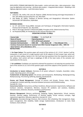 59
DATA ENTRY, STORAGE AND ANALYSIS: Data models – vector and raster data – data compression – data
input by digitization and scanning – attribute data analysis – integrated data Analysis – Modeling in GIS
Highway alignment studies – Land Information System.
TEXT BOOKS:
1. Lillesand, T.M., Kiefer, R.W. and J.W. Chipman. (2004). Remote Sensing and Image Interpretation. V
Edn. John Willey and Sons (Asia) Pvt. Ltd., New Delhi.
2. Anji Reddy, M. (2001). Textbook of Remote Sensing and Geographical Information System.
Second edn. BS Publications, Hyderabad.
REFERENCE BOOKS:
1. Lo. C.P. and A.K.W. Yeung (2002). Concepts and Techniques of Geographic Information Systems.
Prentice-Hall of India Pvt. Ltd., New Delhi.
2. Peter A. Burrough, Rachael A. McDonnell (2000), Principles of GIS. Oxford University Press.
3. Ian Heywood (2000), An Introduction to GIS, Pearson Education Asia.
OPERATING SYSTEMS- CS-300(e)
Course Code CS-300(e) L - 3, T- 0, P – 0
Name of Course Operating Systems
Lectures to be delivered 39 (L-39 for each semester)
Semester End Examination MM: 100 Min. Marks; 40 Time Allowed: 3 Hrs.
Continue Assessment (based on sessional tests 50%) Tutorial/ Assignment: 30%,
Quiz/ Seminar: 10 %, Attendance: 10 %.
MM: 50.
INSTRUCTIONS:
1. For Paper Setters: The question paper will consist of five sections A, B, C, D & E. Section E will be
compulsory, it will consist of a single question with 10-20 subparts of short answer type, which will
cover the entire syllabus. Section A, B, C & D will have two questions from the respective sections of
the syllabus. Each section will have a weightage of 20% of the total marks of the semester end
examination for the course.
2. For candidates: Candidates are required to attempt five questions in all selecting one question from
each of the sections A, B, C & D of the question paper and all the subparts of the questions in Section
E.
SECTION A
Introduction to System Software: Overview of all system software’s: Compiler, Assembler, Linker,
Loader, Operating system, I/O manager
Fundamentals of Operating System: OS services and Components, Multitasking, Multiprogramming,
Multiprocessing, Time Sharing, Buffering, Spooling, Distributed OS
SECTION B
Process and Thread Management: Concept of process and threads, Process states, Process
management, Context switching, Interaction between processes and OS Multithreading
Example OS : Linux
Concurrency Control: Concurrency and Race Conditions, Mutual exclusion requirements, Software and
hardware solutions, Semaphores, Monitors, Classical IPC problems and solutions, Deadlock,
Characterization, Detection, Recovery, Avoidance and Prevention
SECTION C
Memory Management: Memory partitioning, Swapping, Paging, Segmentation, Virtual, memory,
Overlays, Demand paging, Performance of Demand paging, Virtual memory concepts, Page
replacement algorithms, Allocation algorithms, Example OS : Linux
I/O Systems: Secondary-Storage Structure, Disk structure, Disk scheduling, Disk management, Swap-
space management, Disk reliability, Stable storage implementation, Introduction to clock, Clock
hardware, Clock software
SECTION D
 