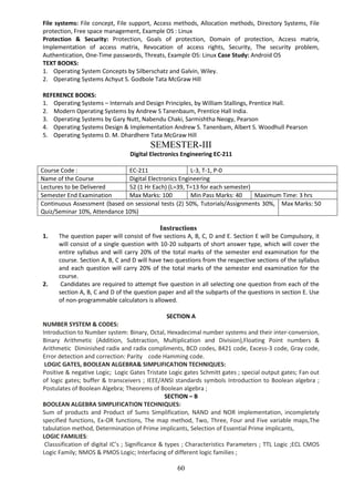 60
File systems: File concept, File support, Access methods, Allocation methods, Directory Systems, File
protection, Free space management, Example OS : Linux
Protection & Security: Protection, Goals of protection, Domain of protection, Access matrix,
Implementation of access matrix, Revocation of access rights, Security, The security problem,
Authentication, One-Time passwords, Threats, Example OS: Linux Case Study: Android OS
TEXT BOOKS:
1. Operating System Concepts by Silberschatz and Galvin, Wiley.
2. Operating Systems Achyut S. Godbole Tata McGraw Hill
REFERENCE BOOKS:
1. Operating Systems – Internals and Design Principles, by William Stallings, Prentice Hall.
2. Modern Operating Systems by Andrew S Tanenbaum, Prentice Hall India.
3. Operating Systems by Gary Nutt, Nabendu Chaki, Sarmishtha Neogy, Pearson
4. Operating Systems Design & Implementation Andrew S. Tanenbam, Albert S. Woodhull Pearson
5. Operating Systems D. M. Dhardhere Tata McGraw Hill
SEMESTER-III
Digital Electronics Engineering EC-211
Course Code : EC-211 L-3, T-1, P-0
Name of the Course Digital Electronics Engineering
Lectures to be Delivered 52 (1 Hr Each) (L=39, T=13 for each semester)
Semester End Examination Max Marks: 100 Min Pass Marks: 40 Maximum Time: 3 hrs
Continuous Assessment (based on sessional tests (2) 50%, Tutorials/Assignments 30%,
Quiz/Seminar 10%, Attendance 10%)
Max Marks: 50
Instructions
1. The question paper will consist of five sections A, B, C, D and E. Section E will be Compulsory, it
will consist of a single question with 10-20 subparts of short answer type, which will cover the
entire syllabus and will carry 20% of the total marks of the semester end examination for the
course. Section A, B, C and D will have two questions from the respective sections of the syllabus
and each question will carry 20% of the total marks of the semester end examination for the
course.
2. Candidates are required to attempt five question in all selecting one question from each of the
section A, B, C and D of the question paper and all the subparts of the questions in section E. Use
of non-programmable calculators is allowed.
SECTION A
NUMBER SYSTEM & CODES:
Introduction to Number system: Binary, Octal, Hexadecimal number systems and their inter-conversion,
Binary Arithmetic (Addition, Subtraction, Multiplication and Division),Floating Point numbers &
Arithmetic Diminished radix and radix compliments, BCD codes, 8421 code, Excess-3 code, Gray code,
Error detection and correction: Parity code Hamming code.
LOGIC GATES, BOOLEAN ALGEBRA& SIMPLIFICATION TECHNIQUES:
Positive & negative Logic; Logic Gates Tristate Logic gates Schmitt gates ; special output gates; Fan out
of logic gates; buffer & transceivers ; IEEE/ANSI standards symbols Introduction to Boolean algebra ;
Postulates of Boolean Algebra; Theorems of Boolean algebra ;
SECTION – B
BOOLEAN ALGEBRA SIMPLIFICATION TECHNIQUES:
Sum of products and Product of Sums Simplification, NAND and NOR implementation, incompletely
specified functions, Ex-OR functions, The map method, Two, Three, Four and Five variable maps,The
tabulation method, Determination of Prime implicants, Selection of Essential Prime implicants,
LOGIC FAMILIES:
Classsification of digital IC’s ; Significance & types ; Characteristics Parameters ; TTL Logic ;ECL CMOS
Logic Family; NMOS & PMOS Logic; Interfacing of different logic families ;
 