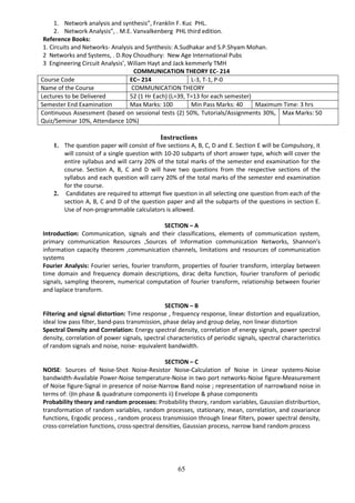 65
1. Network analysis and synthesis”, Franklin F. Kuc PHL.
2. Network Analysis”, . M.E. Vanvalkenberg PHL third edition.
Reference Books:
1. Circuits and Networks- Analysis and Synthesis: A.Sudhakar and S.P.Shyam Mohan.
2 Networks and Systems, . D.Roy Choudhury: New Age International Pubs
3 Engineering Circuit Analysis’, Wiliam Hayt and Jack kemmerly TMH
COMMUNICATION THEORY EC- 214
Course Code EC– 214 L-3, T-1, P-0
Name of the Course COMMUNICATION THEORY
Lectures to be Delivered 52 (1 Hr Each) (L=39, T=13 for each semester)
Semester End Examination Max Marks: 100 Min Pass Marks: 40 Maximum Time: 3 hrs
Continuous Assessment (based on sessional tests (2) 50%, Tutorials/Assignments 30%,
Quiz/Seminar 10%, Attendance 10%)
Max Marks: 50
Instructions
1. The question paper will consist of five sections A, B, C, D and E. Section E will be Compulsory, it
will consist of a single question with 10-20 subparts of short answer type, which will cover the
entire syllabus and will carry 20% of the total marks of the semester end examination for the
course. Section A, B, C and D will have two questions from the respective sections of the
syllabus and each question will carry 20% of the total marks of the semester end examination
for the course.
2. Candidates are required to attempt five question in all selecting one question from each of the
section A, B, C and D of the question paper and all the subparts of the questions in section E.
Use of non-programmable calculators is allowed.
SECTION – A
Introduction: Communication, signals and their classifications, elements of communication system,
primary communication Resources ,Sources of Information communication Networks, Shannon’s
information capacity theorem ,communication channels, limitations and resources of communication
systems
Fourier Analysis: Fourier series, fourier transform, properties of fourier transform, interplay between
time domain and frequency domain descriptions, dirac delta function, fourier transform of periodic
signals, sampling theorem, numerical computation of fourier transform, relationship between fourier
and laplace transform.
SECTION – B
Filtering and signal distortion: Time response , frequency response, linear distortion and equalization,
ideal low pass filter, band-pass transmission, phase delay and group delay, non linear distortion
Spectral Density and Correlation: Energy spectral density, correlation of energy signals, power spectral
density, correlation of power signals, spectral characteristics of periodic signals, spectral characteristics
of random signals and noise, noise- equivalent bandwidth.
SECTION – C
NOISE: Sources of Noise-Shot Noise-Resistor Noise-Calculation of Noise in Linear systems-Noise
bandwidth-Available Power-Noise temperature-Noise in two port networks-Noise figure-Measurement
of Noise figure-Signal in presence of noise-Narrow Band noise ; representation of narrowband noise in
terms of: i)In phase & quadrature components ii) Envelope & phase components
Probability theory and random processes: Probability theory, random variables, Gaussian distriburtion,
transformation of random variables, random processes, stationary, mean, correlation, and covariance
functions, Ergodic process , random process transmission through linear filters, power spectral density,
cross-correlation functions, cross-spectral densities, Gaussian process, narrow band random process
 