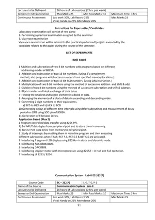 91
Lectures to be Delivered 26 hours of Lab sessions (2 hrs. per week)
Semester End Examination Max Marks:25 Min Pass Marks: 10 Maximum Time: 3 hrs
Continuous Assessment Lab work 30%, Lab Record 25%
Viva/ Hands on 25% Attendance 20%
Max Marks:25
Instructions for Paper setter/ Candidates
Laboratory examination will consist of two parts:
1. Performing a practical examination assigned by the examiner
2. Viva-voce examination
Viva-voce examination will be related to the practicals performed/projects executed by the
candidate related to the paper during the course of the semester.
LIST OF EXPERIMENTS
8085 Based
1 Addition and subtraction of two 8-bit numbers with programs based on different
addressing modes of 8085A.
2 Addition and subtraction of two 16-bit numbers. (Using 2’s complement
method, also programs which access numbers from specified memory locations.)
3 Addition and subtraction of two 16-bit BCD numbers. (using DAA instruction.)
4 Multiplication of two 8-bit numbers using the method of successive addition and Shift & add.
5 Division of two 8-bit numbers using the method of successive subtraction and shift & subtract.
6 Block transfer and block exchange of data bytes.
7 Finding the smallest and largest element in a block of data.
8 Arranging the elements of a block of data in ascending and descending order.
9 Converting 2 digit numbers to their equivalents.
a) BCD to HEX and b) HEX to BCD
10 Generating delays of different time intervals using delay subroutines and measurement of delay
period on CRO using SOD pin of 8085A.
11 Generation of Fibonacci Series.
Application Based (Max 2)
1 Program controlled data transfer using 8255 PPI.
A) To INPUT data bytes from peripheral port and to store them in memory.
B) To OUTPUT data bytes from memory to peripheral port.
2 Study of interrupts by enabling them in main line program and then executing
different subroutines when TRAP, RST 7.5, RST 6.5 & RST 5.5 are activated.
3 Interfacing 7 segment LED display using 8255A – in static and dynamic mode.
4 Interfacing ADC 0808/0809.
5 Interfacing DAC 0808.
6 Interfacing stepper motor with microprocessor using 8255A – in Half and Full excitation.
7 Interfacing of 8253 / 8254.
Communication System Lab-II EC-312(P)
Course Code EC – 312(P) L-0, T-0, P-2
Name of the Course Communication System Lab-II
Lectures to be Delivered 26 hours of Lab sessions (2 hrs. per week)
Semester End Examination Max Marks:25 Min Pass Marks: 10 Maximum Time: 3 hrs
Continuous Assessment Lab work 30%, Lab Record 25%
Viva/ Hands on 25% Attendance 20%
Max Marks:25
 