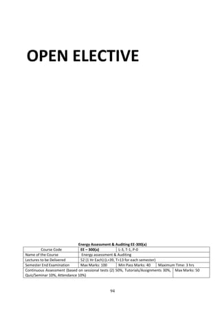 94
OPEN ELECTIVE
Energy Assessment & Auditing EE-300(a)
Course Code EE – 300(a) L-3, T-1, P-0
Name of the Course Energy assessment & Auditing
Lectures to be Delivered 52 (1 Hr Each) (L=39, T=13 for each semester)
Semester End Examination Max Marks: 100 Min Pass Marks: 40 Maximum Time: 3 hrs
Continuous Assessment (based on sessional tests (2) 50%, Tutorials/Assignments 30%,
Quiz/Seminar 10%, Attendance 10%)
Max Marks: 50
 