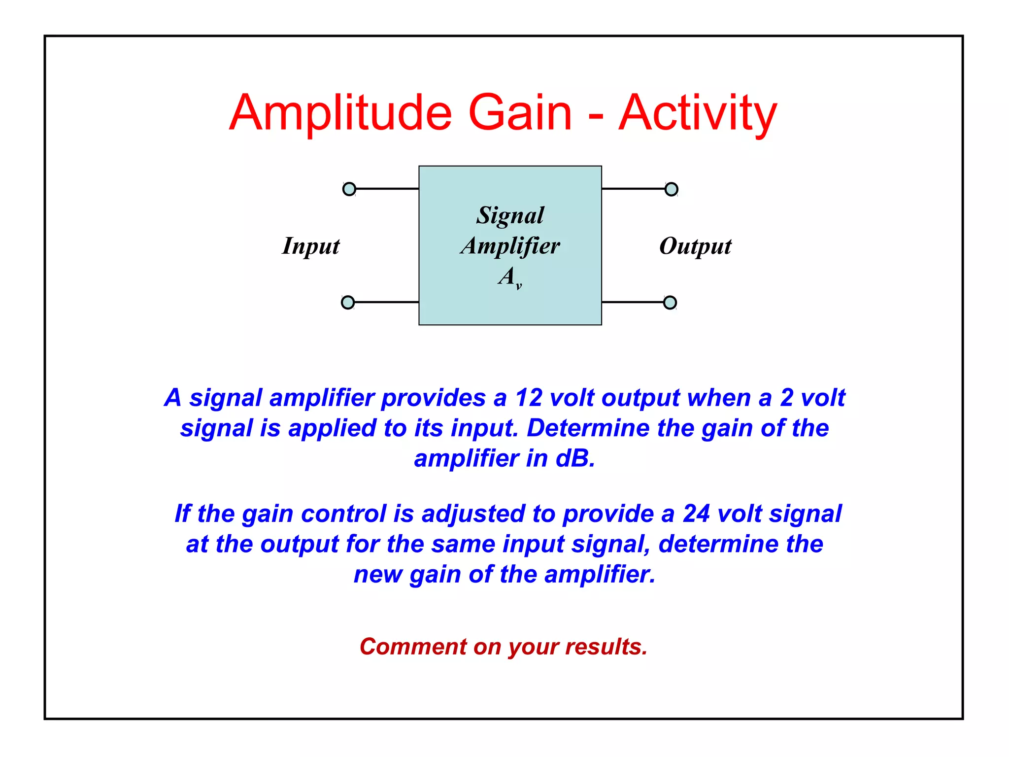 Amplitude Gain - Activity
Input

Signal
Amplifier
Av

Output

A signal amplifier provides a 12 volt output when a 2 volt
signal is applied to its input. Determine the gain of the
amplifier in dB.
If the gain control is adjusted to provide a 24 volt signal
at the output for the same input signal, determine the
new gain of the amplifier.
Comment on your results.

 