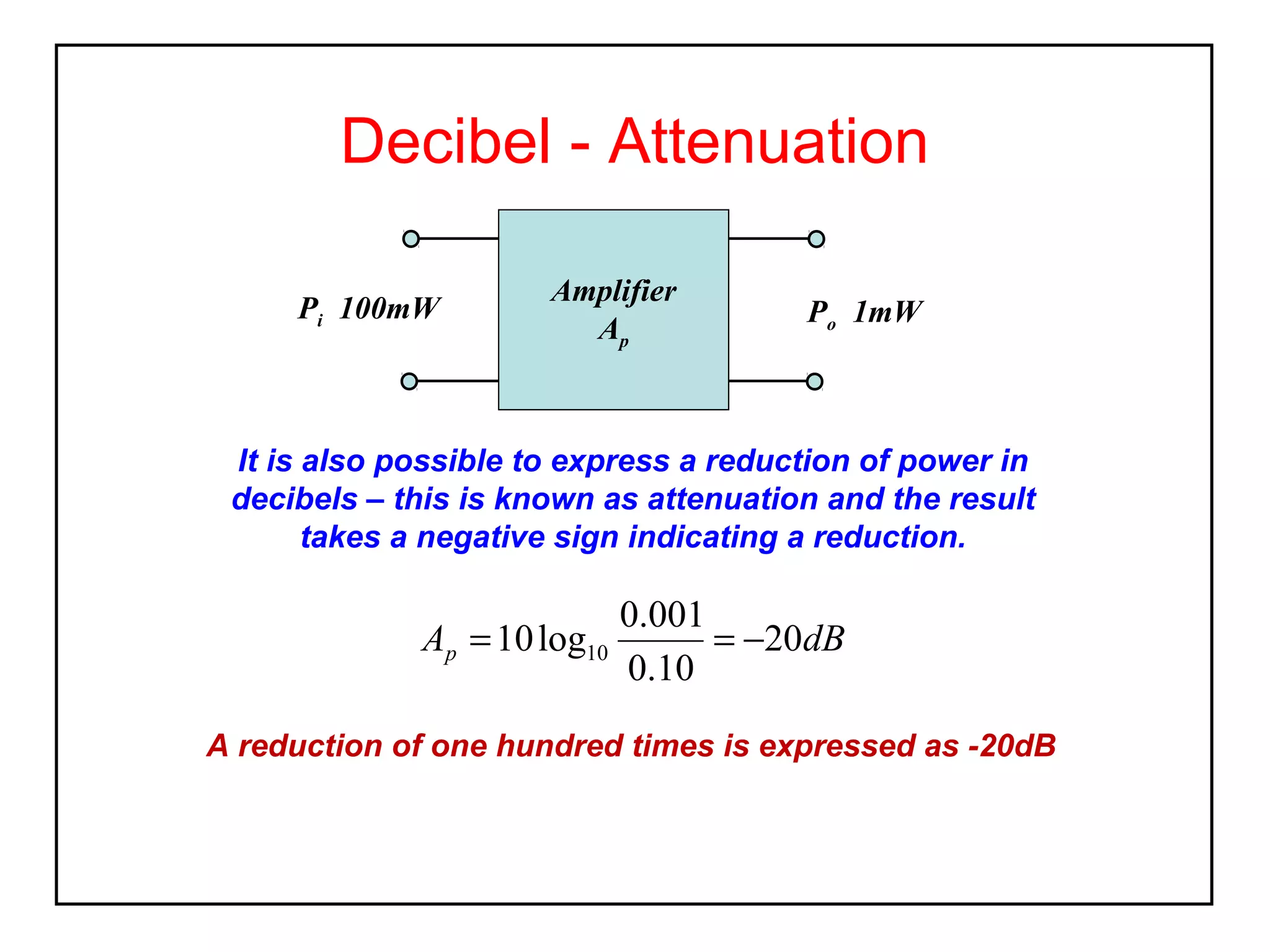 Decibel - Attenuation
Pi 100mW

Amplifier
Ap

Po 1mW

It is also possible to express a reduction of power in
decibels – this is known as attenuation and the result
takes a negative sign indicating a reduction.

0.001
Ap = 10 log10
= −20dB
0.10
A reduction of one hundred times is expressed as -20dB

 