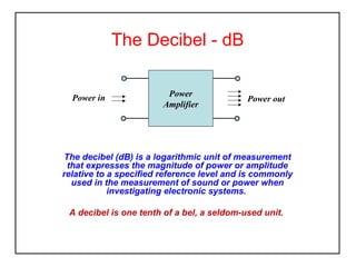 The Decibel - dB
Power in

Power
Amplifier

Power out

The decibel (dB) is a logarithmic unit of measurement
that expresses the magnitude of power or amplitude
relative to a specified reference level and is commonly
used in the measurement of sound or power when
investigating electronic systems.
A decibel is one tenth of a bel, a seldom-used unit.

 