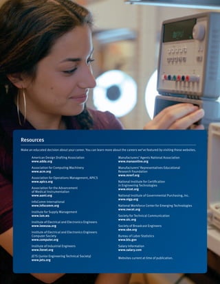 Resources
Make an educated decision about your career. You can learn more about the careers we’ve featured by visiting these websites.

       American Design Drafting Association                          Manufacturers’ Agents National Association
       www.adda.org                                                  www.manaonline.org
       Association for Computing Machinery                           Manufacturers’ Representatives Educational
       www.acm.org                                                   Research Foundation
                                                                     www.mrerf.org
       Association for Operations Management, APICS
       www.apics.org                                                 National Institute for Certification
                                                                     in Engineering Technologies
       Association for the Advancement                               www.nicet.org
       of Medical Instrumentation
       www.aami.org                                                  National Institute of Governmental Purchasing, Inc.
                                                                     www.nigp.org
       InfoComm International
       www.infocomm.org                                              National Workforce Center for Emerging Technologies
                                                                     www.nwcet.org
       Institute for Supply Management
       www.ism.ws                                                    Society for Technical Communication
                                                                     www.stc.org
       Institute of Electrical and Electronics Engineers
       www.ieeeusa.org                                               Society of Broadcast Engineers
                                                                     www.sbe.org
       Institute of Electrical and Electronics Engineers
       Computer Society                                              Bureau of Labor Statistics
       www.computer.org                                              www.bls.gov
       Institute of Industrial Engineers                             Salary Information
       www.iienet.org                                                www.salary.com
       JETS (Junior Engineering Technical Society)
                                                                     Websites current at time of publication.
       www.jets.org
 