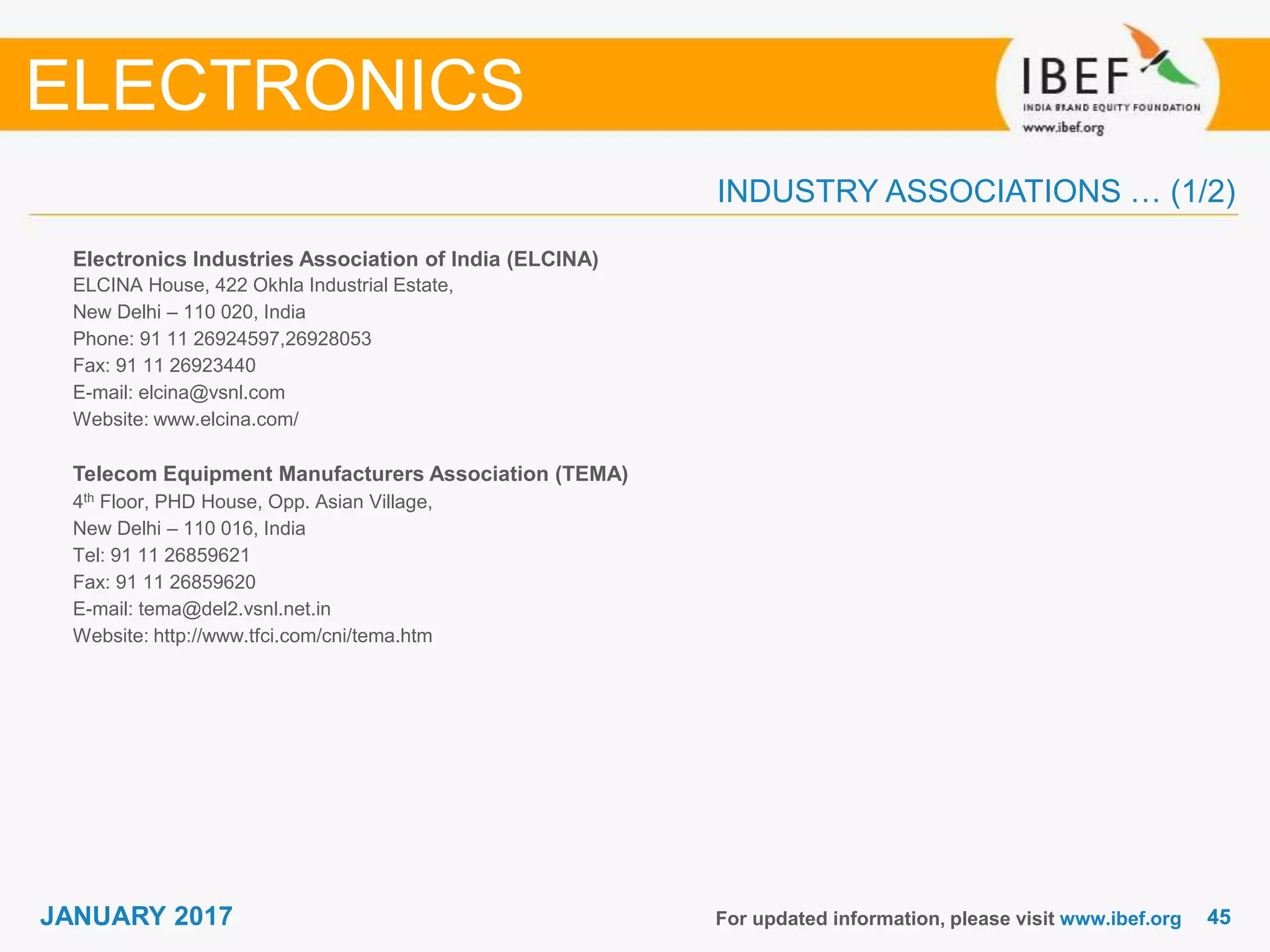 4545JANUARY 2017
INDUSTRY ASSOCIATIONS … (1/2)
Electronics Industries Association of India (ELCINA)
ELCINA House, 422 Okhla Industrial Estate,
New Delhi – 110 020, India
Phone: 91 11 26924597,26928053
Fax: 91 11 26923440
E-mail: elcina@vsnl.com
Website: www.elcina.com/
Telecom Equipment Manufacturers Association (TEMA)
4th Floor, PHD House, Opp. Asian Village,
New Delhi – 110 016, India
Tel: 91 11 26859621
Fax: 91 11 26859620
E-mail: tema@del2.vsnl.net.in
Website: http://www.tfci.com/cni/tema.htm
For updated information, please visit www.ibef.org
ELECTRONICS
 