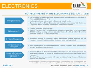 1818JUNE 2017 For updated information, please visit www.ibef.org
Strategic electronics
• The production in strategic electronic segment in India increased from USD2.68 billion in
FY15 to USD3.08 billion in FY16
• Nuclear power to play a large role in India’s energy security needs
• Companies such as Bharat Electronics Ltd, Hindustan Aeronautics Ltd, Electronics
Corporation of India Ltd, Bharat Dynamics Ltd dominated this segment
C&B equipment's
• Growing broadband subscriber base
• As on 9th January, 2017, the total number of telephone subscribers in the country was
1,102.94 million, covering wireless subscriber base of 1,078.42 million & wireline
subscriber base of 24.52 million, respectively
Source: Department of Information Technology Annual Report; Corporate Catalyst India; TechSci Research, TRAI
Notes: C&B – Communication and Broadcasting; DTH – Direct-to-Home (Satellite Television Broadcasting)
NOTABLE TRENDS IN THE ELECTRONICS SECTOR … (2/2)
ELECTRONICS
E – Waste Management • Increasing Adoption of Electronic Waste Management Scheme supported by the
regulatory framework has improved the electronics sector to a large extent
Major Contributors to
Employment
• Major segments such as Consumer Electronics, Telecom Equipment and IT Hardware can
be major contributors to employment
Increasing Consumption
and potential for
production
• Increasing PFCE on Recreational and Educational services and Home appliances are
expected to contribute to the rise in consumption and production of Electronics and IT
Hardware.
• Growth of 17 per cent is expected with major contributors being Consumer Electronics,
Telecom and computers
 
