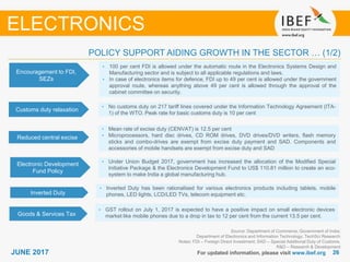2626JUNE 2017 For updated information, please visit www.ibef.org
Source: Department of Commerce, Government of India;
Department of Electronics and Information Technology; TechSci Research
Notes: FDI – Foreign Direct Investment; SAD – Special Additional Duty of Customs,
R&D – Research & Development
POLICY SUPPORT AIDING GROWTH IN THE SECTOR … (1/2)
ELECTRONICS
Encouragement to FDI,
SEZs
• 100 per cent FDI is allowed under the automatic route in the Electronics Systems Design and
Manufacturing sector and is subject to all applicable regulations and laws.
• In case of electronics items for defence, FDI up to 49 per cent is allowed under the government
approval route, whereas anything above 49 per cent is allowed through the approval of the
cabinet committee on security.
Customs duty relaxation
• No customs duty on 217 tariff lines covered under the Information Technology Agreement (ITA-
1) of the WTO. Peak rate for basic customs duty is 10 per cent
Reduced central excise
• Mean rate of excise duty (CENVAT) is 12.5 per cent
• Microprocessors, hard disc drives, CD ROM drives, DVD drives/DVD writers, flash memory
sticks and combo-drives are exempt from excise duty payment and SAD. Components and
accessories of mobile handsets are exempt from excise duty and SAD
Electronic Development
Fund Policy
• Under Union Budget 2017, government has increased the allocation of the Modified Special
Initiative Package & the Electronics Development Fund to US$ 110.81 million to create an eco-
system to make India a global manufacturing hub.
Inverted Duty
• Inverted Duty has been rationalised for various electronics products including tablets, mobile
phones, LED lights, LCD/LED TVs, telecom equipment etc.
Goods & Services Tax
• GST rollout on July 1, 2017 is expected to have a positive impact on small electronic devices
market like mobile phones due to a drop in tax to 12 per cent from the current 13.5 per cent.
 
