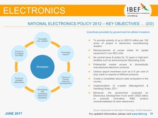 3131JUNE 2017 For updated information, please visit www.ibef.org
Incentives provided by government to attract investors
Source: Department of Information Technology; TechSci Research
ELECTRONICS
NATIONAL ELECTRONICS POLICY 2012 – KEY OBJECTIVES … (2/2)
Strategies
Favorable
eco -system
Promoting
exports
Focus on
Human
resource
development
Developing
and
mandating
electronics
standards
Focus on
strategic
electronics
Focus on
innovation
and R&D
To provide subsidy of up to USD10 million per 100
acres of project in electronics manufacturing
clusters
Reimbursement of excise duties for capital
equipment in non-SEZ units
No central taxes & duties for 10 years in high-tech
facilities such as semiconductor fabricating units
Preferential market access to domestically
manufactured electronic products
Various export incentives such as 2–5 per cent of
duty credit on exports of different products
Create a completely secure cyber ecosystem in the
country
Implementation of e-waste (Management &
Handling) Rules, 2011
Moreover, the government proposed an
Electronics Development Fund worth USD2 billion
to promote innovation, R&D, product
commercialisation & nano–electronics
 