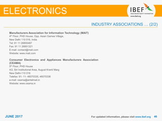 4646JUNE 2017
INDUSTRY ASSOCIATIONS … (2/2)
Manufacturers Association for Information Technology (MAIT)
4th Floor, PHD House, Opp. Asian Games Village,
New Delhi 110 016, India
Tel: 91 11 26855487
Fax: 91 11 26851321
E-mail: contact@mait.com
Website: www.mait.com
Consumer Electronics and Appliances Manufacturers Association
(CEAMA)
5th Floor, PHD House
4/2, Siri Institutional Area, August Kranti Marg
New Delhi-110 016
Telefax: 91- 11- 46070335, 46070336
e-mail: ceama@airtelmail.in
Website: www.ceama.in
For updated information, please visit www.ibef.org
ELECTRONICS
 