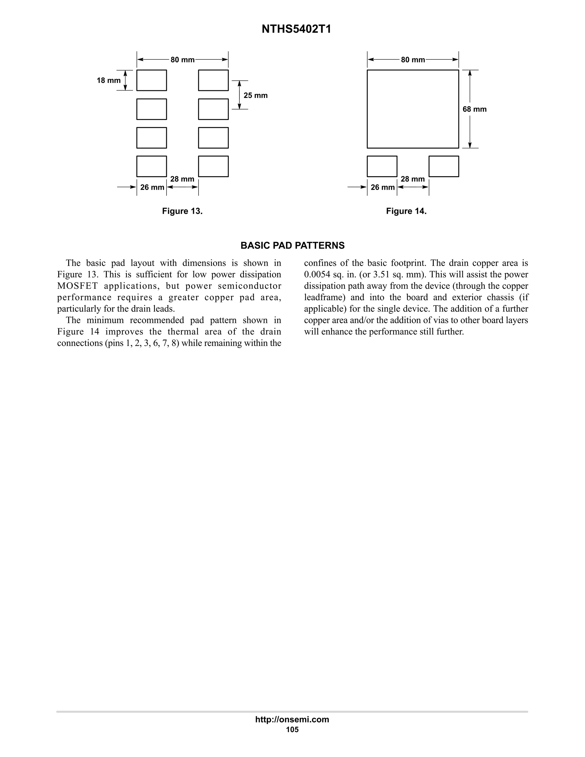 NTHS5402T1
http://onsemi.com
105
80 mm
26 mm
28 mm
18 mm
25 mm
Figure 13. Figure 14.
80 mm
26 mm
28 mm
68 mm
BASIC PAD PATTERNS
The basic pad layout with dimensions is shown in
Figure 13. This is sufficient for low power dissipation
MOSFET applications, but power semiconductor
performance requires a greater copper pad area,
particularly for the drain leads.
The minimum recommended pad pattern shown in
Figure 14 improves the thermal area of the drain
connections (pins 1, 2, 3, 6, 7, 8) while remaining within the
confines of the basic footprint. The drain copper area is
0.0054 sq. in. (or 3.51 sq. mm). This will assist the power
dissipation path away from the device (through the copper
leadframe) and into the board and exterior chassis (if
applicable) for the single device. The addition of a further
copper area and/or the addition of vias to other board layers
will enhance the performance still further.
 