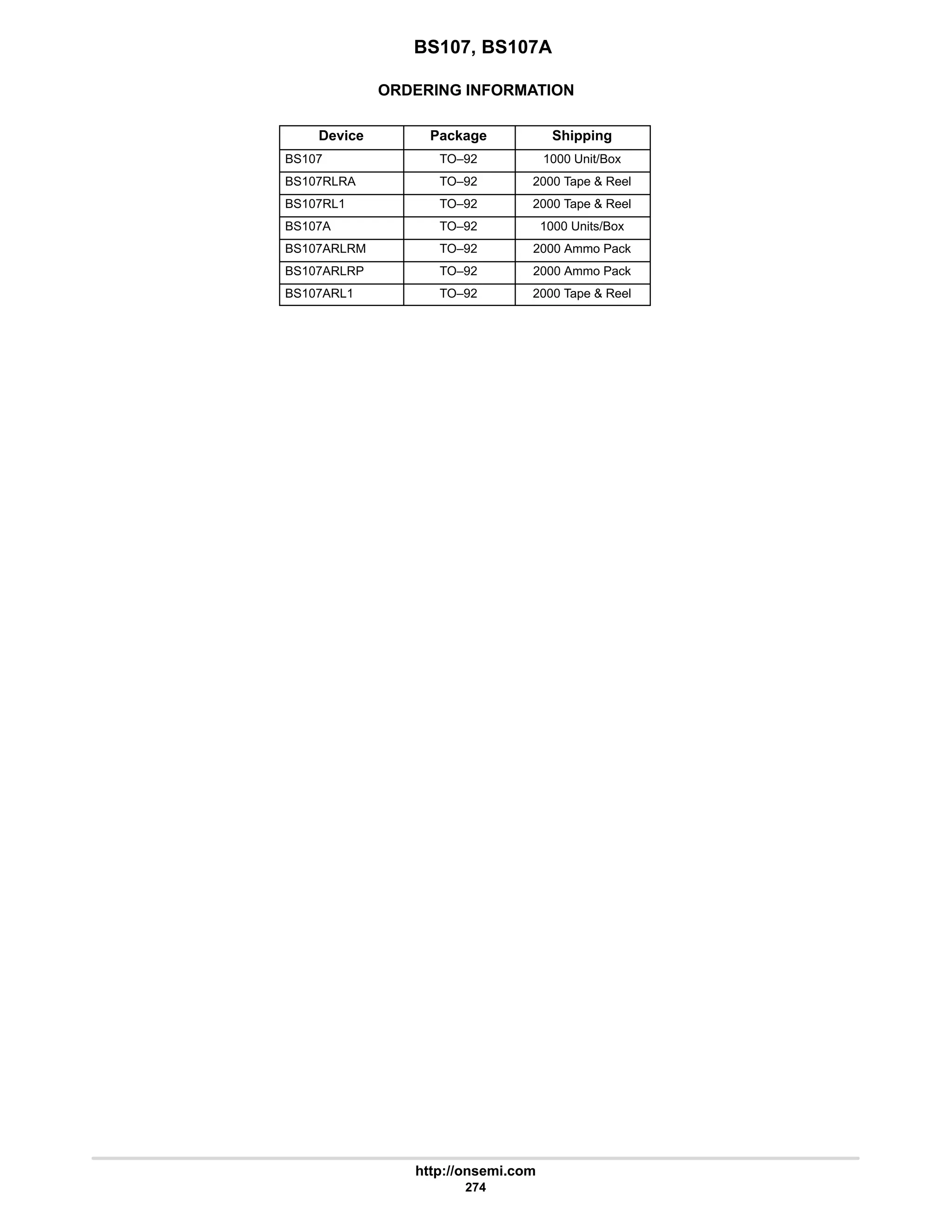 BS107, BS107A
http://onsemi.com
274
ORDERING INFORMATION
Device Package Shipping
BS107 TO–92 1000 Unit/Box
BS107RLRA TO–92 2000 Tape  Reel
BS107RL1 TO–92 2000 Tape  Reel
BS107A TO–92 1000 Units/Box
BS107ARLRM TO–92 2000 Ammo Pack
BS107ARLRP TO–92 2000 Ammo Pack
BS107ARL1 TO–92 2000 Tape  Reel
 