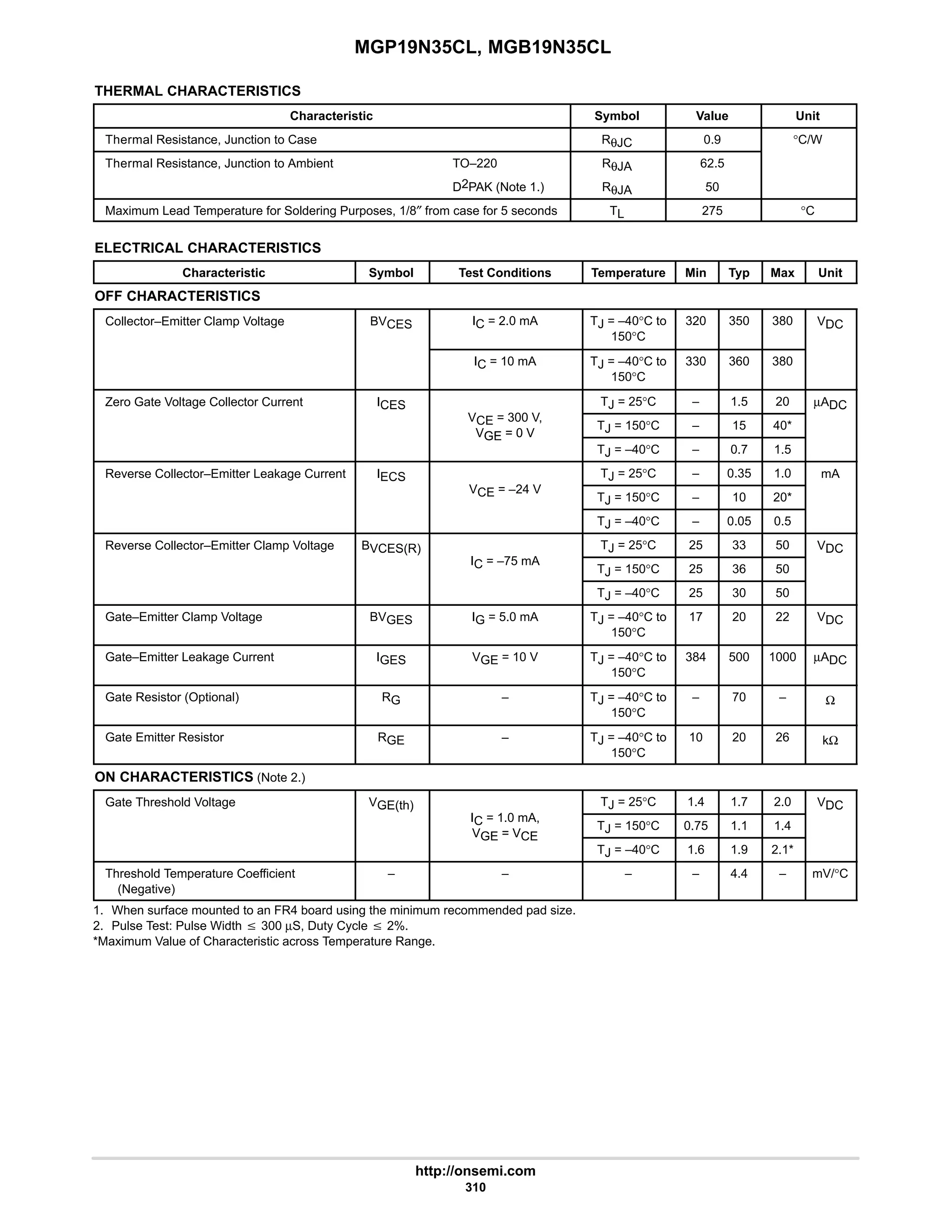 MGP19N35CL, MGB19N35CL
http://onsemi.com
310
THERMAL CHARACTERISTICS
Characteristic Symbol Value Unit
Thermal Resistance, Junction to Case RθJC 0.9 °C/W
Thermal Resistance, Junction to Ambient TO–220 RθJA 62.5
D2PAK (Note 1.) RθJA 50
Maximum Lead Temperature for Soldering Purposes, 1/8″ from case for 5 seconds TL 275 °C
ELECTRICAL CHARACTERISTICS
Characteristic Symbol Test Conditions Temperature Min Typ Max Unit
OFF CHARACTERISTICS
Collector–Emitter Clamp Voltage BVCES IC = 2.0 mA TJ = –40°C to
150°C
320 350 380 VDC
IC = 10 mA TJ = –40°C to
150°C
330 360 380
Zero Gate Voltage Collector Current ICES
V 300 V
TJ = 25°C – 1.5 20 µADC
g CES
VCE = 300 V,
VGE = 0 V
TJ = 150°C – 15 40*
µ DC
VGE = 0 V
TJ = –40°C – 0.7 1.5
Reverse Collector–Emitter Leakage Current IECS
V 24 V
TJ = 25°C – 0.35 1.0 mA
g ECS
VCE = –24 V
TJ = 150°C – 10 20*
TJ = –40°C – 0.05 0.5
Reverse Collector–Emitter Clamp Voltage BVCES(R)
I 75 A
TJ = 25°C 25 33 50 VDC
g VCES(R)
IC = –75 mA
TJ = 150°C 25 36 50
DC
TJ = –40°C 25 30 50
Gate–Emitter Clamp Voltage BVGES IG = 5.0 mA TJ = –40°C to
150°C
17 20 22 VDC
Gate–Emitter Leakage Current IGES VGE = 10 V TJ = –40°C to
150°C
384 500 1000 µADC
Gate Resistor (Optional) RG – TJ = –40°C to
150°C
– 70 – Ω
Gate Emitter Resistor RGE – TJ = –40°C to
150°C
10 20 26 kΩ
ON CHARACTERISTICS (Note 2.)
Gate Threshold Voltage VGE(th)
I 1 0 A
TJ = 25°C 1.4 1.7 2.0 VDC
g GE(th)
IC = 1.0 mA,
VGE = VCE
TJ = 150°C 0.75 1.1 1.4
DC
VGE = VCE
TJ = –40°C 1.6 1.9 2.1*
Threshold Temperature Coefficient
(Negative)
– – – – 4.4 – mV/°C
1. When surface mounted to an FR4 board using the minimum recommended pad size.
2. Pulse Test: Pulse Width v 300 µS, Duty Cycle v 2%.
*Maximum Value of Characteristic across Temperature Range.
 