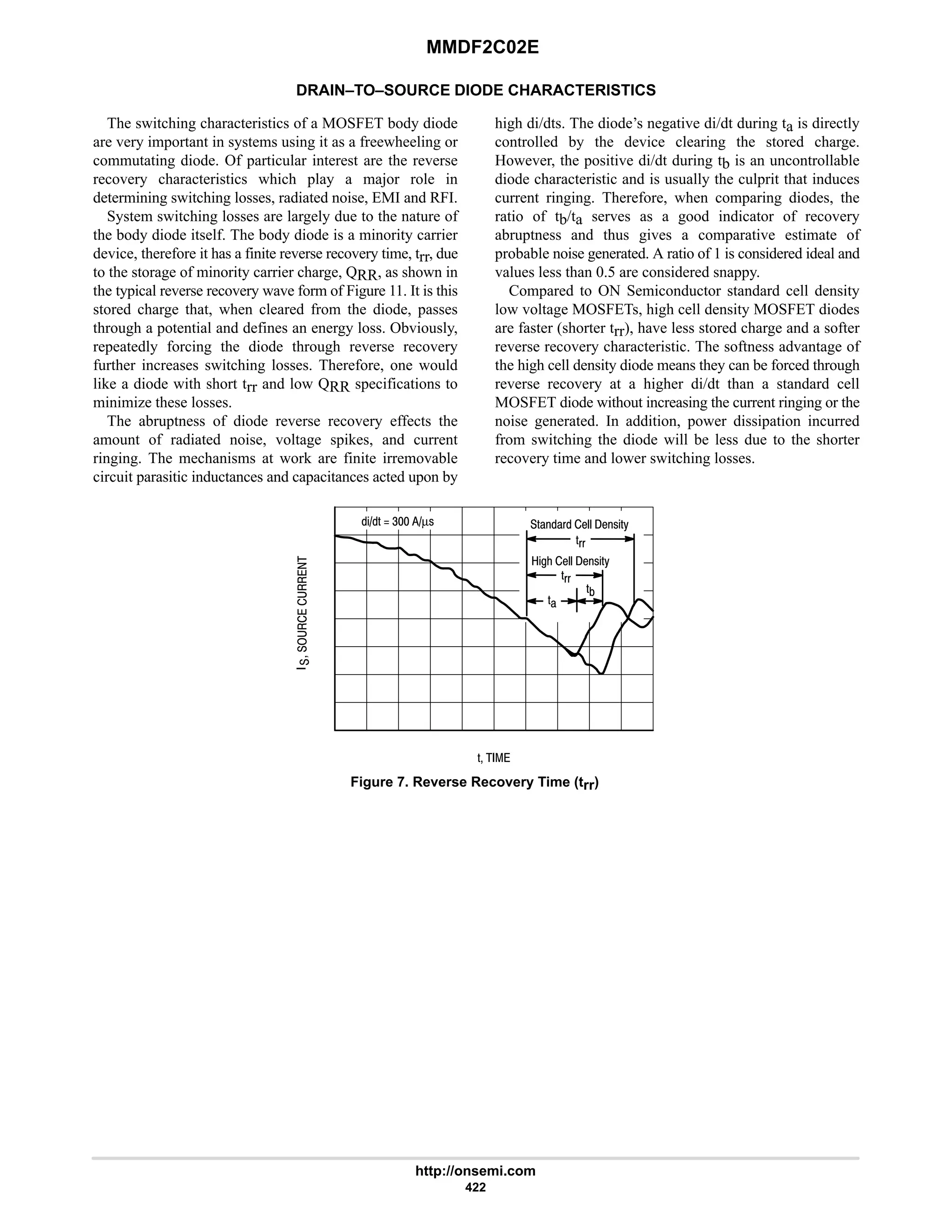 MMDF2C02E
http://onsemi.com
422
DRAIN–TO–SOURCE DIODE CHARACTERISTICS
The switching characteristics of a MOSFET body diode
are very important in systems using it as a freewheeling or
commutating diode. Of particular interest are the reverse
recovery characteristics which play a major role in
determining switching losses, radiated noise, EMI and RFI.
System switching losses are largely due to the nature of
the body diode itself. The body diode is a minority carrier
device, therefore it has a finite reverse recovery time, trr, due
to the storage of minority carrier charge, QRR, as shown in
the typical reverse recovery wave form of Figure 11. It is this
stored charge that, when cleared from the diode, passes
through a potential and defines an energy loss. Obviously,
repeatedly forcing the diode through reverse recovery
further increases switching losses. Therefore, one would
like a diode with short trr and low QRR specifications to
minimize these losses.
The abruptness of diode reverse recovery effects the
amount of radiated noise, voltage spikes, and current
ringing. The mechanisms at work are finite irremovable
circuit parasitic inductances and capacitances acted upon by
high di/dts. The diode’s negative di/dt during ta is directly
controlled by the device clearing the stored charge.
However, the positive di/dt during tb is an uncontrollable
diode characteristic and is usually the culprit that induces
current ringing. Therefore, when comparing diodes, the
ratio of tb/ta serves as a good indicator of recovery
abruptness and thus gives a comparative estimate of
probable noise generated. A ratio of 1 is considered ideal and
values less than 0.5 are considered snappy.
Compared to ON Semiconductor standard cell density
low voltage MOSFETs, high cell density MOSFET diodes
are faster (shorter trr), have less stored charge and a softer
reverse recovery characteristic. The softness advantage of
the high cell density diode means they can be forced through
reverse recovery at a higher di/dt than a standard cell
MOSFET diode without increasing the current ringing or the
noise generated. In addition, power dissipation incurred
from switching the diode will be less due to the shorter
recovery time and lower switching losses.





'  
%'  4 µ! '))( 1EE 1!%'H
%D2 1EE 1!%'H
'+
'((
')
'((
Figure 7. Reverse Recovery Time (trr)
 