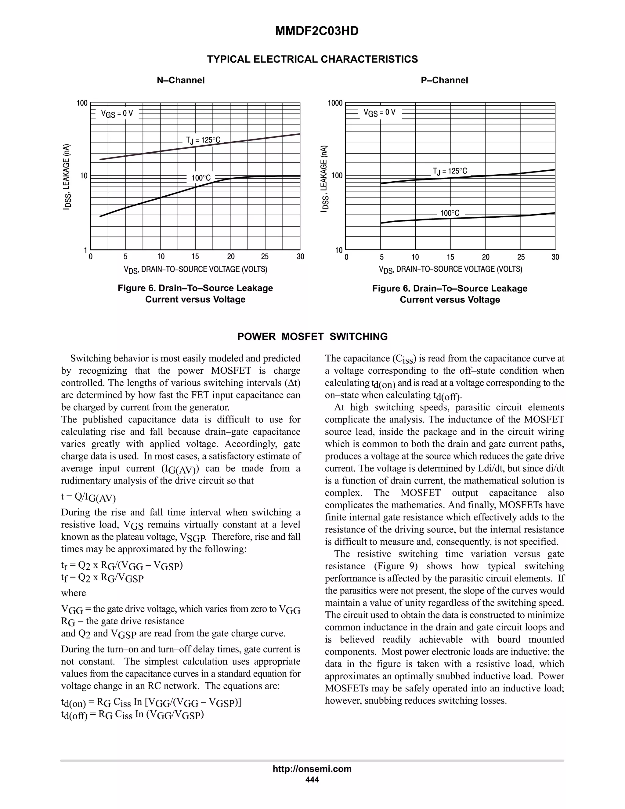 MMDF2C03HD
http://onsemi.com
444
TYPICAL ELECTRICAL CHARACTERISTICS
N–Channel P–Channel
Figure 6. Drain–To–Source Leakage
Current versus Voltage
Figure 6. Drain–To–Source Leakage
Current versus Voltage







      

 $  $ 4
# #$
   
,  #$°
°
  # 4



      





   
,  #$°
°
$ $ #$
POWER MOSFET SWITCHING
Switching behavior is most easily modeled and predicted
by recognizing that the power MOSFET is charge
controlled. The lengths of various switching intervals (∆t)
are determined by how fast the FET input capacitance can
be charged by current from the generator.
The published capacitance data is difficult to use for
calculating rise and fall because drain–gate capacitance
varies greatly with applied voltage. Accordingly, gate
charge data is used. In most cases, a satisfactory estimate of
average input current (IG(AV)) can be made from a
rudimentary analysis of the drive circuit so that
t = Q/IG(AV)
During the rise and fall time interval when switching a
resistive load, VGS remains virtually constant at a level
known as the plateau voltage, VSGP. Therefore, rise and fall
times may be approximated by the following:
tr = Q2 x RG/(VGG – VGSP)
tf = Q2 x RG/VGSP
where
VGG = the gate drive voltage, which varies from zero to VGG
RG = the gate drive resistance
and Q2 and VGSP are read from the gate charge curve.
During the turn–on and turn–off delay times, gate current is
not constant. The simplest calculation uses appropriate
values from the capacitance curves in a standard equation for
voltage change in an RC network. The equations are:
td(on) = RG Ciss In [VGG/(VGG – VGSP)]
td(off) = RG Ciss In (VGG/VGSP)
The capacitance (Ciss) is read from the capacitance curve at
a voltage corresponding to the off–state condition when
calculating td(on) and is read at a voltage corresponding to the
on–state when calculating td(off).
At high switching speeds, parasitic circuit elements
complicate the analysis. The inductance of the MOSFET
source lead, inside the package and in the circuit wiring
which is common to both the drain and gate current paths,
produces a voltage at the source which reduces the gate drive
current. The voltage is determined by Ldi/dt, but since di/dt
is a function of drain current, the mathematical solution is
complex. The MOSFET output capacitance also
complicates the mathematics. And finally, MOSFETs have
finite internal gate resistance which effectively adds to the
resistance of the driving source, but the internal resistance
is difficult to measure and, consequently, is not specified.
The resistive switching time variation versus gate
resistance (Figure 9) shows how typical switching
performance is affected by the parasitic circuit elements. If
the parasitics were not present, the slope of the curves would
maintain a value of unity regardless of the switching speed.
The circuit used to obtain the data is constructed to minimize
common inductance in the drain and gate circuit loops and
is believed readily achievable with board mounted
components. Most power electronic loads are inductive; the
data in the figure is taken with a resistive load, which
approximates an optimally snubbed inductive load. Power
MOSFETs may be safely operated into an inductive load;
however, snubbing reduces switching losses.
 