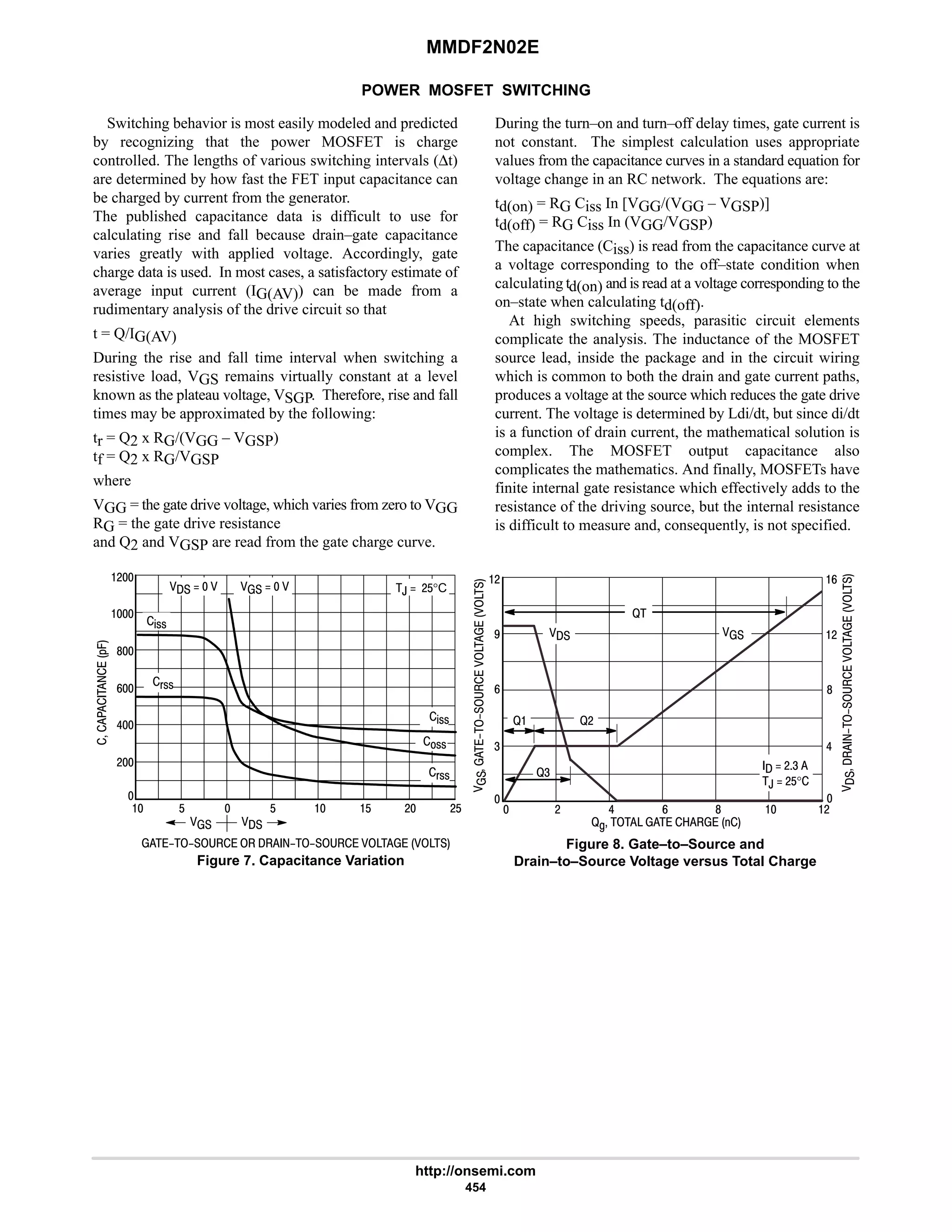MMDF2N02E
http://onsemi.com
454
POWER MOSFET SWITCHING
Switching behavior is most easily modeled and predicted
by recognizing that the power MOSFET is charge
controlled. The lengths of various switching intervals (∆t)
are determined by how fast the FET input capacitance can
be charged by current from the generator.
The published capacitance data is difficult to use for
calculating rise and fall because drain–gate capacitance
varies greatly with applied voltage. Accordingly, gate
charge data is used. In most cases, a satisfactory estimate of
average input current (IG(AV)) can be made from a
rudimentary analysis of the drive circuit so that
t = Q/IG(AV)
During the rise and fall time interval when switching a
resistive load, VGS remains virtually constant at a level
known as the plateau voltage, VSGP. Therefore, rise and fall
times may be approximated by the following:
tr = Q2 x RG/(VGG – VGSP)
tf = Q2 x RG/VGSP
where
VGG = the gate drive voltage, which varies from zero to VGG
RG = the gate drive resistance
and Q2 and VGSP are read from the gate charge curve.
During the turn–on and turn–off delay times, gate current is
not constant. The simplest calculation uses appropriate
values from the capacitance curves in a standard equation for
voltage change in an RC network. The equations are:
td(on) = RG Ciss In [VGG/(VGG – VGSP)]
td(off) = RG Ciss In (VGG/VGSP)
The capacitance (Ciss) is read from the capacitance curve at
a voltage corresponding to the off–state condition when
calculating td(on) and is read at a voltage corresponding to the
on–state when calculating td(off).
At high switching speeds, parasitic circuit elements
complicate the analysis. The inductance of the MOSFET
source lead, inside the package and in the circuit wiring
which is common to both the drain and gate current paths,
produces a voltage at the source which reduces the gate drive
current. The voltage is determined by Ldi/dt, but since di/dt
is a function of drain current, the mathematical solution is
complex. The MOSFET output capacitance also
complicates the mathematics. And finally, MOSFETs have
finite internal gate resistance which effectively adds to the
resistance of the driving source, but the internal resistance
is difficult to measure and, consequently, is not specified.
Figure 7. Capacitance Variation





*.
         






@D       
 # 6 9 8
  #4
,  #$°

9
4

#
7
9
#
8
6


@ @#
@4
 #
   $ #$
 
,  #$°C
       

8
9
6
#

#
%!!
!!
(!!
$ $
%!!
(!!






Figure 8. Gate–to–Source and
Drain–to–Source Voltage versus Total Charge
#
@
 