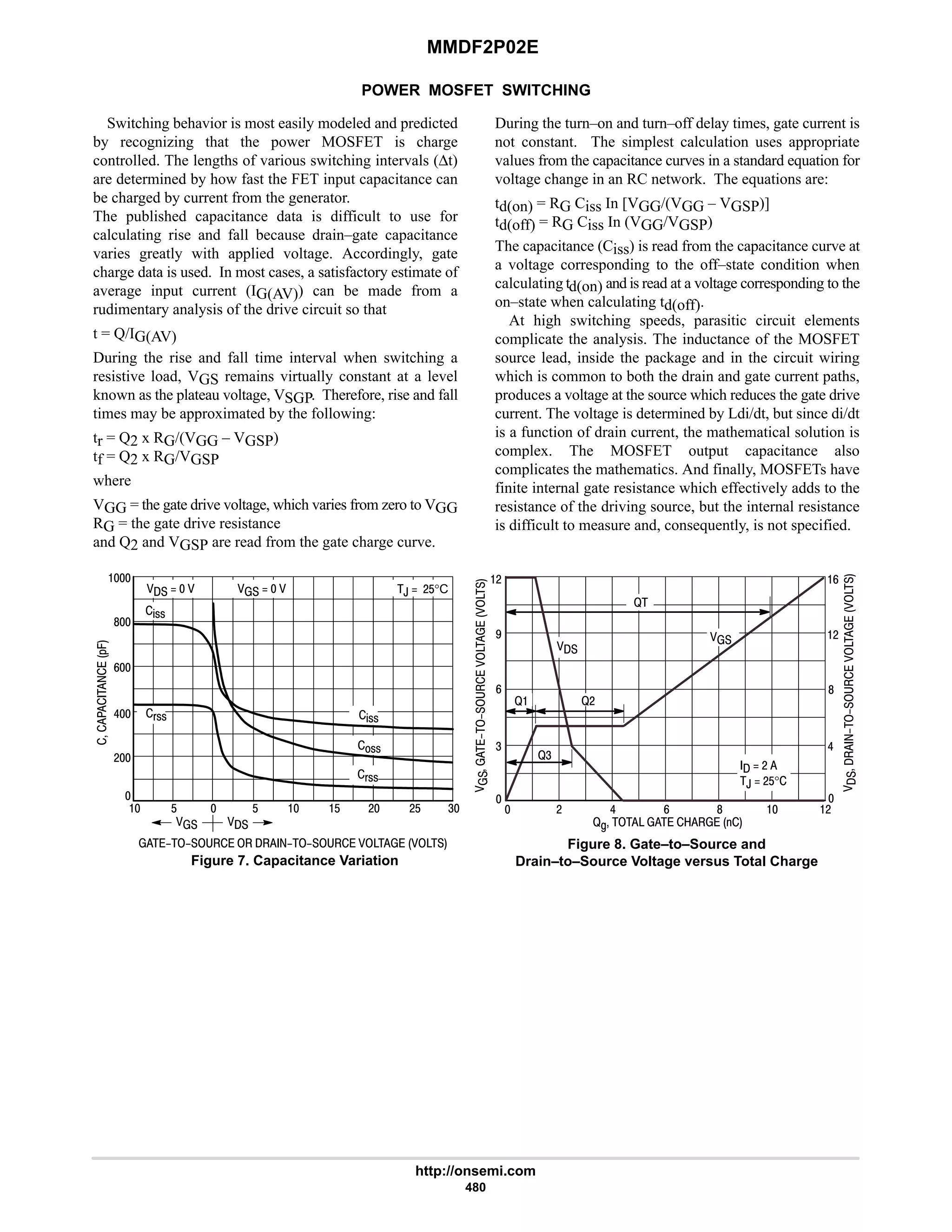 MMDF2P02E
http://onsemi.com
480
POWER MOSFET SWITCHING
Switching behavior is most easily modeled and predicted
by recognizing that the power MOSFET is charge
controlled. The lengths of various switching intervals (∆t)
are determined by how fast the FET input capacitance can
be charged by current from the generator.
The published capacitance data is difficult to use for
calculating rise and fall because drain–gate capacitance
varies greatly with applied voltage. Accordingly, gate
charge data is used. In most cases, a satisfactory estimate of
average input current (IG(AV)) can be made from a
rudimentary analysis of the drive circuit so that
t = Q/IG(AV)
During the rise and fall time interval when switching a
resistive load, VGS remains virtually constant at a level
known as the plateau voltage, VSGP. Therefore, rise and fall
times may be approximated by the following:
tr = Q2 x RG/(VGG – VGSP)
tf = Q2 x RG/VGSP
where
VGG = the gate drive voltage, which varies from zero to VGG
RG = the gate drive resistance
and Q2 and VGSP are read from the gate charge curve.
During the turn–on and turn–off delay times, gate current is
not constant. The simplest calculation uses appropriate
values from the capacitance curves in a standard equation for
voltage change in an RC network. The equations are:
td(on) = RG Ciss In [VGG/(VGG – VGSP)]
td(off) = RG Ciss In (VGG/VGSP)
The capacitance (Ciss) is read from the capacitance curve at
a voltage corresponding to the off–state condition when
calculating td(on) and is read at a voltage corresponding to the
on–state when calculating td(off).
At high switching speeds, parasitic circuit elements
complicate the analysis. The inductance of the MOSFET
source lead, inside the package and in the circuit wiring
which is common to both the drain and gate current paths,
produces a voltage at the source which reduces the gate drive
current. The voltage is determined by Ldi/dt, but since di/dt
is a function of drain current, the mathematical solution is
complex. The MOSFET output capacitance also
complicates the mathematics. And finally, MOSFETs have
finite internal gate resistance which effectively adds to the
resistance of the driving source, but the internal resistance
is difficult to measure and, consequently, is not specified.
Figure 7. Capacitance Variation





*.
         






@D       
 # 6 9 8
  #
,  #$°

9
4

#
7
9
#
8
6


@
@ @#
@4
 #
   $ #$
 
,  #$°C
       

8
9
6
#

#
%!!
!!
(!!
$ $
%!!
(!!
4






Figure 8. Gate–to–Source and
Drain–to–Source Voltage versus Total Charge
 