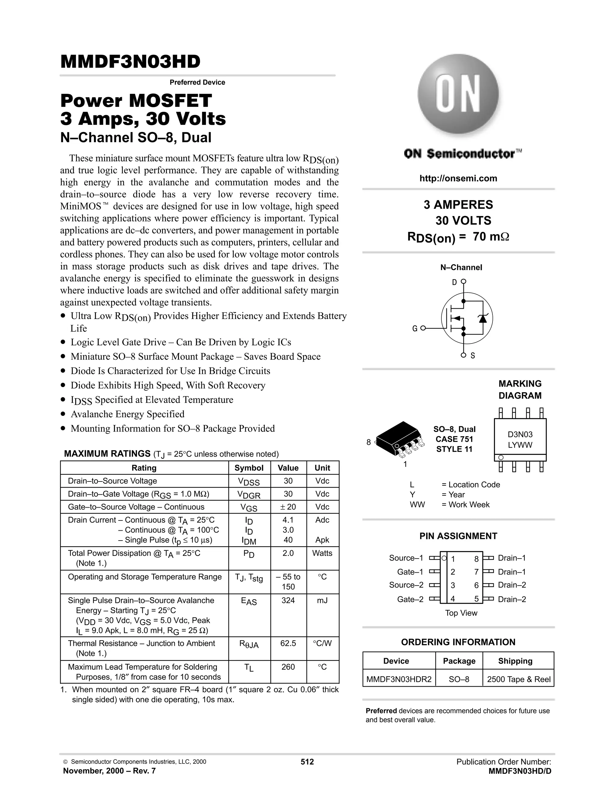  Semiconductor Components Industries, LLC, 2000
November, 2000 – Rev. 7
512 Publication Order Number:
MMDF3N03HD/D
(!!.
Preferred Device
#$% '(
!  !  
N–Channel SO–8, Dual
These miniature surface mount MOSFETs feature ultra low RDS(on)
and true logic level performance. They are capable of withstanding
high energy in the avalanche and commutation modes and the
drain–to–source diode has a very low reverse recovery time.
MiniMOSt devices are designed for use in low voltage, high speed
switching applications where power efficiency is important. Typical
applications are dc–dc converters, and power management in portable
and battery powered products such as computers, printers, cellular and
cordless phones. They can also be used for low voltage motor controls
in mass storage products such as disk drives and tape drives. The
avalanche energy is specified to eliminate the guesswork in designs
where inductive loads are switched and offer additional safety margin
against unexpected voltage transients.
• Ultra Low RDS(on) Provides Higher Efficiency and Extends Battery
Life
• Logic Level Gate Drive – Can Be Driven by Logic ICs
• Miniature SO–8 Surface Mount Package – Saves Board Space
• Diode Is Characterized for Use In Bridge Circuits
• Diode Exhibits High Speed, With Soft Recovery
• IDSS Specified at Elevated Temperature
• Avalanche Energy Specified
• Mounting Information for SO–8 Package Provided
MAXIMUM RATINGS (TJ = 25°C unless otherwise noted)
Rating Symbol Value Unit
Drain–to–Source Voltage VDSS 30 Vdc
Drain–to–Gate Voltage (RGS = 1.0 MΩ) VDGR 30 Vdc
Gate–to–Source Voltage – Continuous VGS ± 20 Vdc
Drain Current – Continuous @ TA = 25°C
Drain Current – Continuous @ TA = 100°C
Drain Current – Single Pulse (tp ≤ 10 µs)
ID
ID
IDM
4.1
3.0
40
Adc
Apk
Total Power Dissipation @ TA = 25°C
(Note 1.)
PD 2.0 Watts
Operating and Storage Temperature Range TJ, Tstg – 55 to
150
°C
Single Pulse Drain–to–Source Avalanche
Energy – Starting TJ = 25°C
(VDD = 30 Vdc, VGS = 5.0 Vdc, Peak
IL = 9.0 Apk, L = 8.0 mH, RG = 25 Ω)
EAS 324 mJ
Thermal Resistance – Junction to Ambient
(Note 1.)
RθJA 62.5 °C/W
Maximum Lead Temperature for Soldering
Purposes, 1/8″ from case for 10 seconds
TL 260 °C
1. When mounted on 2″ square FR–4 board (1″ square 2 oz. Cu 0.06″ thick
single sided) with one die operating, 10s max.
Source–1 1
2
3
4
8
7
6
5
Top View
Gate–1
Source–2
Gate–2
Drain–1
Drain–1
Drain–2
Drain–2
1
8
3 AMPERES
30 VOLTS
RDS(on) = 70 m
Device Package Shipping
ORDERING INFORMATION
MMDF3N03HDR2 SO–8 2500 Tape  Reel
SO–8, Dual
CASE 751
STYLE 11
http://onsemi.com
N–Channel
LYWW
MARKING
DIAGRAM



D3N03
L = Location Code
Y = Year
WW = Work Week
PIN ASSIGNMENT
Preferred devices are recommended choices for future use
and best overall value.
 