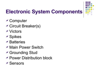 Electronic System Components Computer Circuit Breaker(s) Victors Spikes Batteries Main Power Switch Grounding Stud Power Distribution block Sensors 