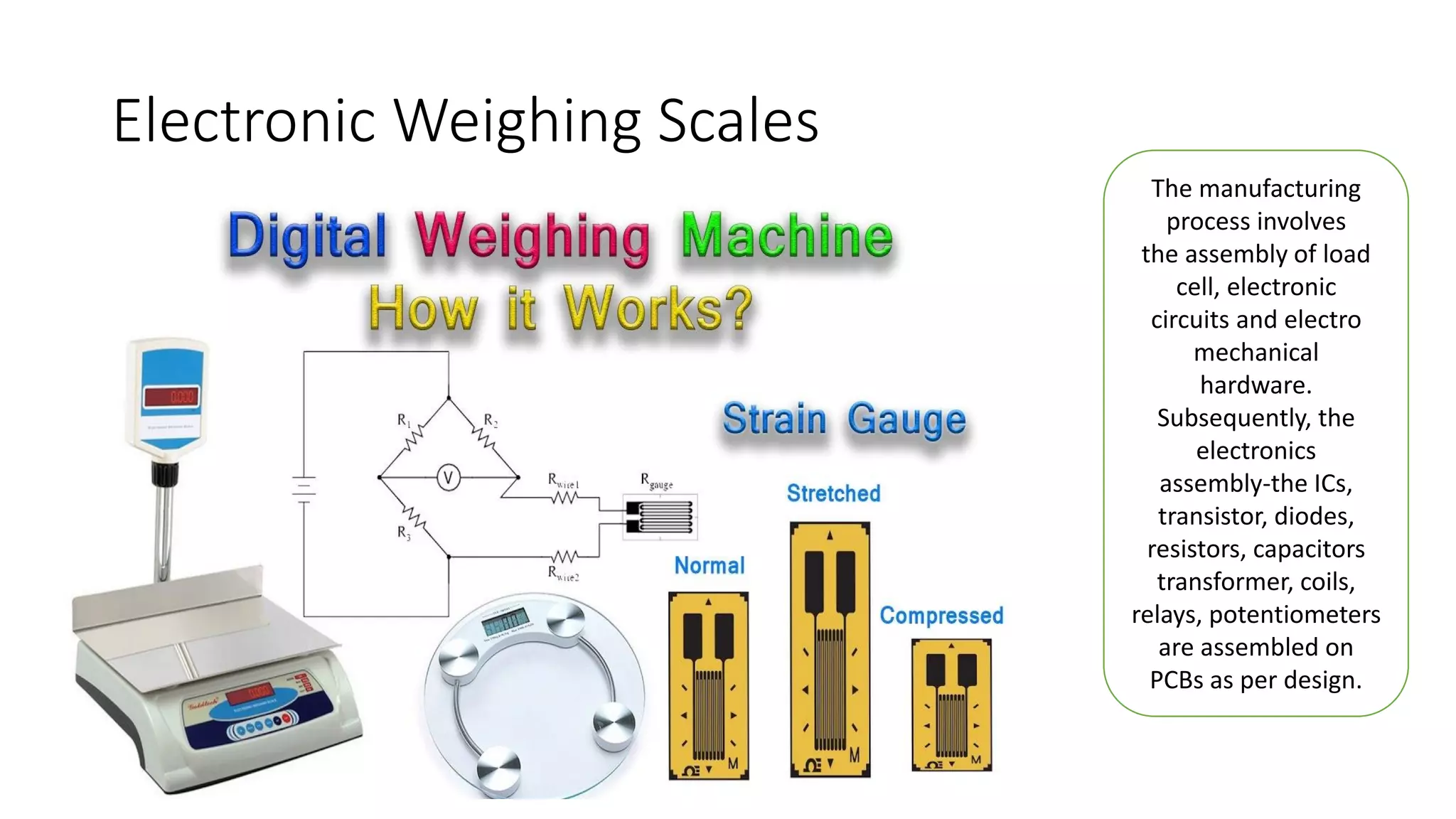 Electronic Weighing Scales
The manufacturing
process involves
the assembly of load
cell, electronic
circuits and electro
mechanical
hardware.
Subsequently, the
electronics
assembly-the ICs,
transistor, diodes,
resistors, capacitors
transformer, coils,
relays, potentiometers
are assembled on
PCBs as per design.
 