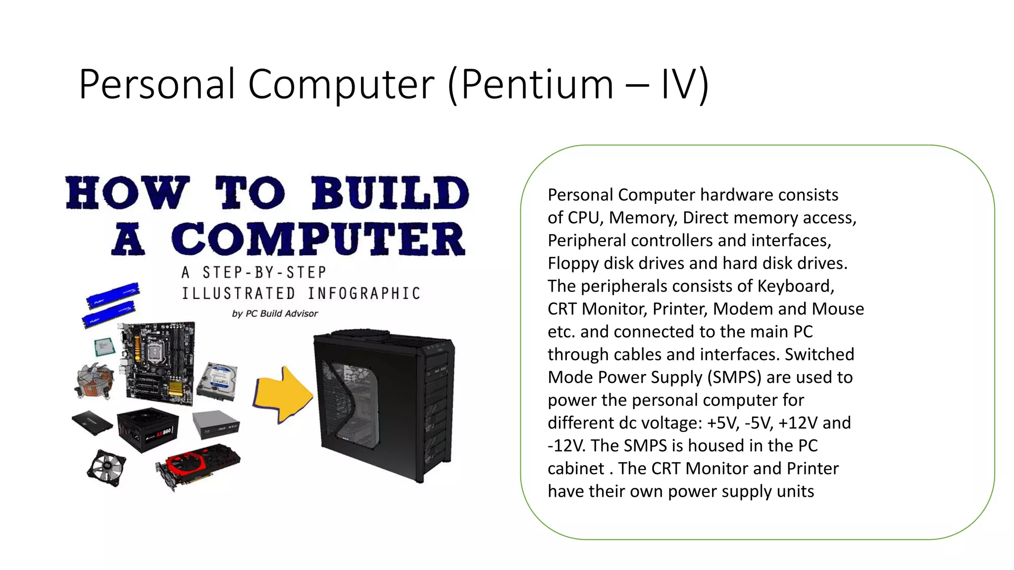 Personal Computer (Pentium – IV)
Personal Computer hardware consists
of CPU, Memory, Direct memory access,
Peripheral controllers and interfaces,
Floppy disk drives and hard disk drives.
The peripherals consists of Keyboard,
CRT Monitor, Printer, Modem and Mouse
etc. and connected to the main PC
through cables and interfaces. Switched
Mode Power Supply (SMPS) are used to
power the personal computer for
different dc voltage: +5V, -5V, +12V and
-12V. The SMPS is housed in the PC
cabinet . The CRT Monitor and Printer
have their own power supply units
 