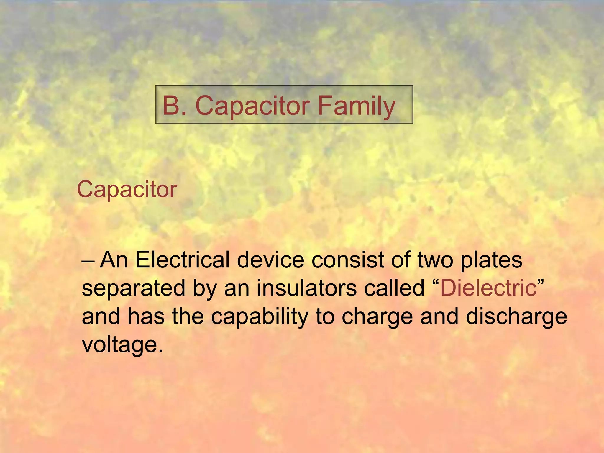 B. Capacitor Family


Capacitor


– An Electrical device consist of two plates
separated by an insulators called “Dielectric”
and has the capability to charge and discharge
voltage.
 