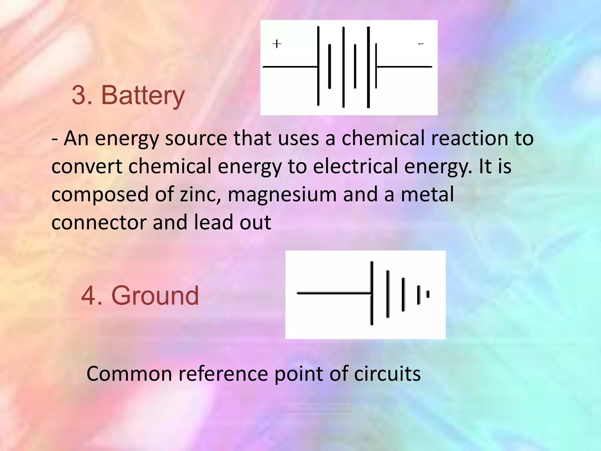 3. Battery
- An energy source that uses a chemical reaction to
convert chemical energy to electrical energy. It is
composed of zinc, magnesium and a metal
connector and lead out


   4. Ground

   Common reference point of circuits
 