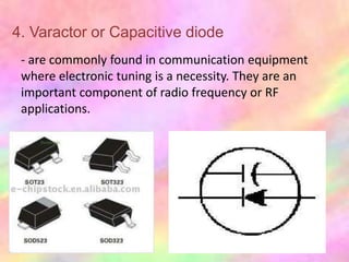 4. Varactor or Capacitive diode
 - are commonly found in communication equipment
 where electronic tuning is a necessity. They are an
 important component of radio frequency or RF
 applications.
 