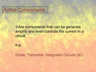 Active Components


    Are components that can be generate
    amplify and even controls the current in a
    circuit

    e.g.

    Diode, Transistor, Integrated Circuits (IC)
 