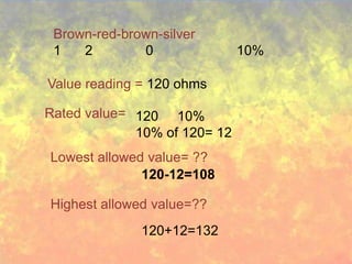 Brown-red-brown-silver
 1   2        0               10%

Value reading = 120 ohms

Rated value= 120 10%
             10% of 120= 12
Lowest allowed value= ??
              120-12=108

Highest allowed value=??
              120+12=132
 