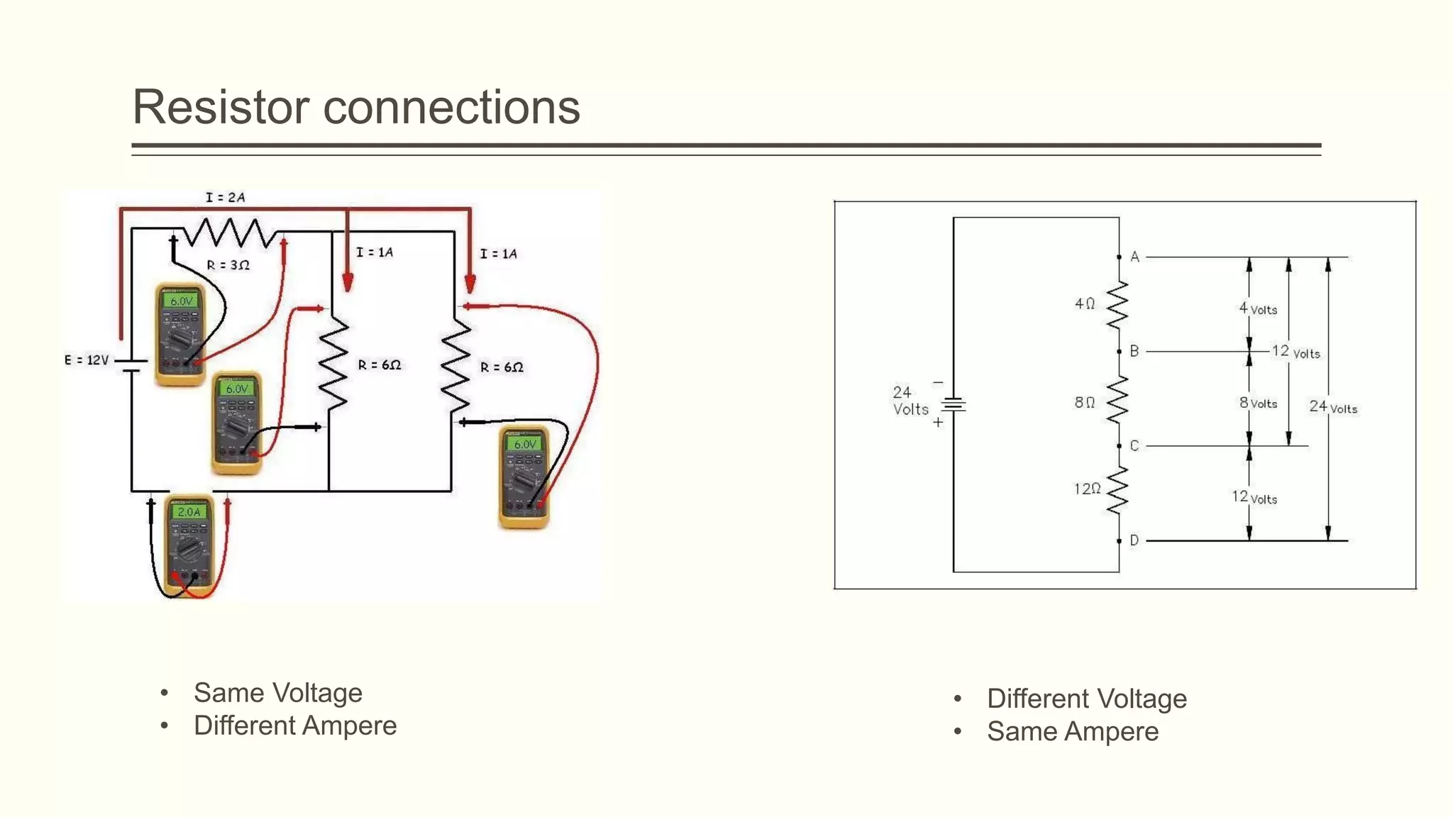 Resistor connections
• Same Voltage
• Different Ampere
• Different Voltage
• Same Ampere
 