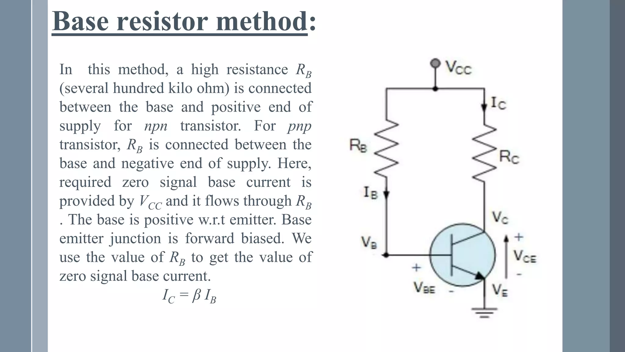 Base resistor method:
In this method, a high resistance RB
(several hundred kilo ohm) is connected
between the base and positive end of
supply for npn transistor. For pnp
transistor, RB is connected between the
base and negative end of supply. Here,
required zero signal base current is
provided by VCC and it flows through RB
. The base is positive w.r.t emitter. Base
emitter junction is forward biased. We
use the value of RB to get the value of
zero signal base current.
IC = β IB
 