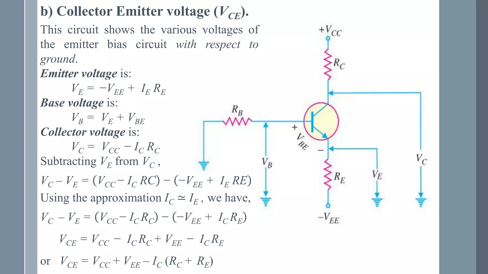 b) Collector Emitter voltage (VCE).
This circuit shows the various voltages of
the emitter bias circuit with respect to
ground.
Emitter voltage is:
VE = −VEE + IE RE
Base voltage is:
VB = VE + VBE
Collector voltage is:
VC = VCC − IC RC
Subtracting VE from VC ,
VC – VE = VCC − IC RC − −VEE + IE RE
Using the approximation IC ≃ IE , we have,
VC – VE = VCC − IC RC − −VEE + IC RE
VCE = VCC − IC RC + VEE − IC RE
or VCE = VCC + VEE – IC (RC + RE)
 