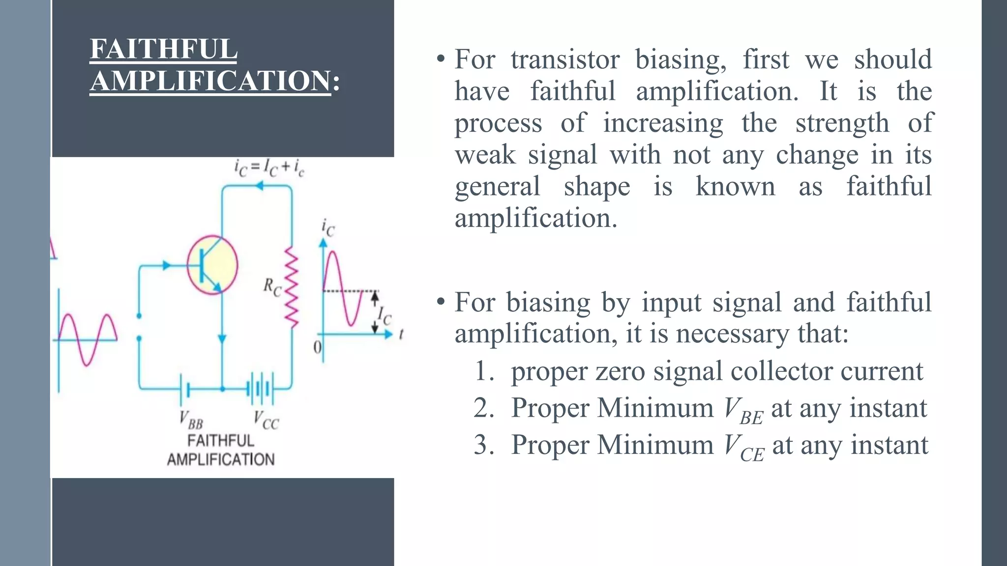 FAITHFUL
AMPLIFICATION:
• For transistor biasing, first we should
have faithful amplification. It is the
process of increasing the strength of
weak signal with not any change in its
general shape is known as faithful
amplification.
• For biasing by input signal and faithful
amplification, it is necessary that:
1. proper zero signal collector current
2. Proper Minimum VBE at any instant
3. Proper Minimum VCE at any instant
 