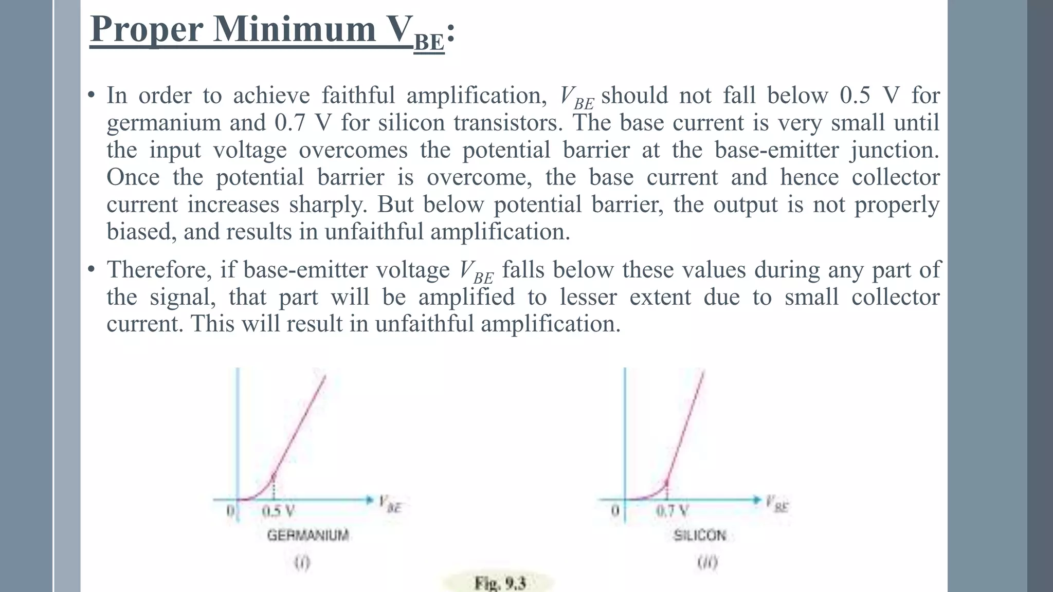 Proper Minimum VBE:
• In order to achieve faithful amplification, VBE should not fall below 0.5 V for
germanium and 0.7 V for silicon transistors. The base current is very small until
the input voltage overcomes the potential barrier at the base-emitter junction.
Once the potential barrier is overcome, the base current and hence collector
current increases sharply. But below potential barrier, the output is not properly
biased, and results in unfaithful amplification.
• Therefore, if base-emitter voltage VBE falls below these values during any part of
the signal, that part will be amplified to lesser extent due to small collector
current. This will result in unfaithful amplification.
 