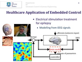 Department
Of
Automatic Control & Systems Engineering.
Healthcare	Application	of	Embedded	Control	
•  Electrical	s@mula@on	treatment	
for	epilepsy	
•  Modelling	from	iEEG	signals	
8
brain model
controller
-
+
therapy
iEEG
aﬀerents (unknown input)
estimate of parameters
 