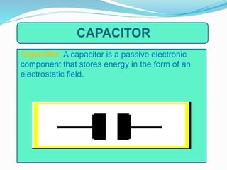 CAPACITOR
Capacitor: A capacitor is a passive electronic
component that stores energy in the form of an
electrostatic field.
 
