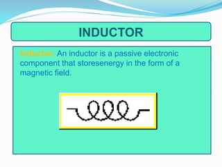 INDUCTOR
Inductor: An inductor is a passive electronic
component that storesenergy in the form of a
magnetic field.
 